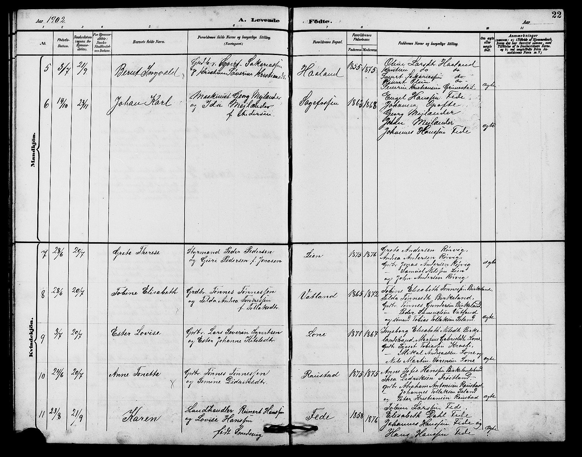 Kvinesdal sokneprestkontor, SAK/1111-0026/F/Fb/Fba/L0004: Parish register (copy) no. B 4, 1894-1909, p. 22