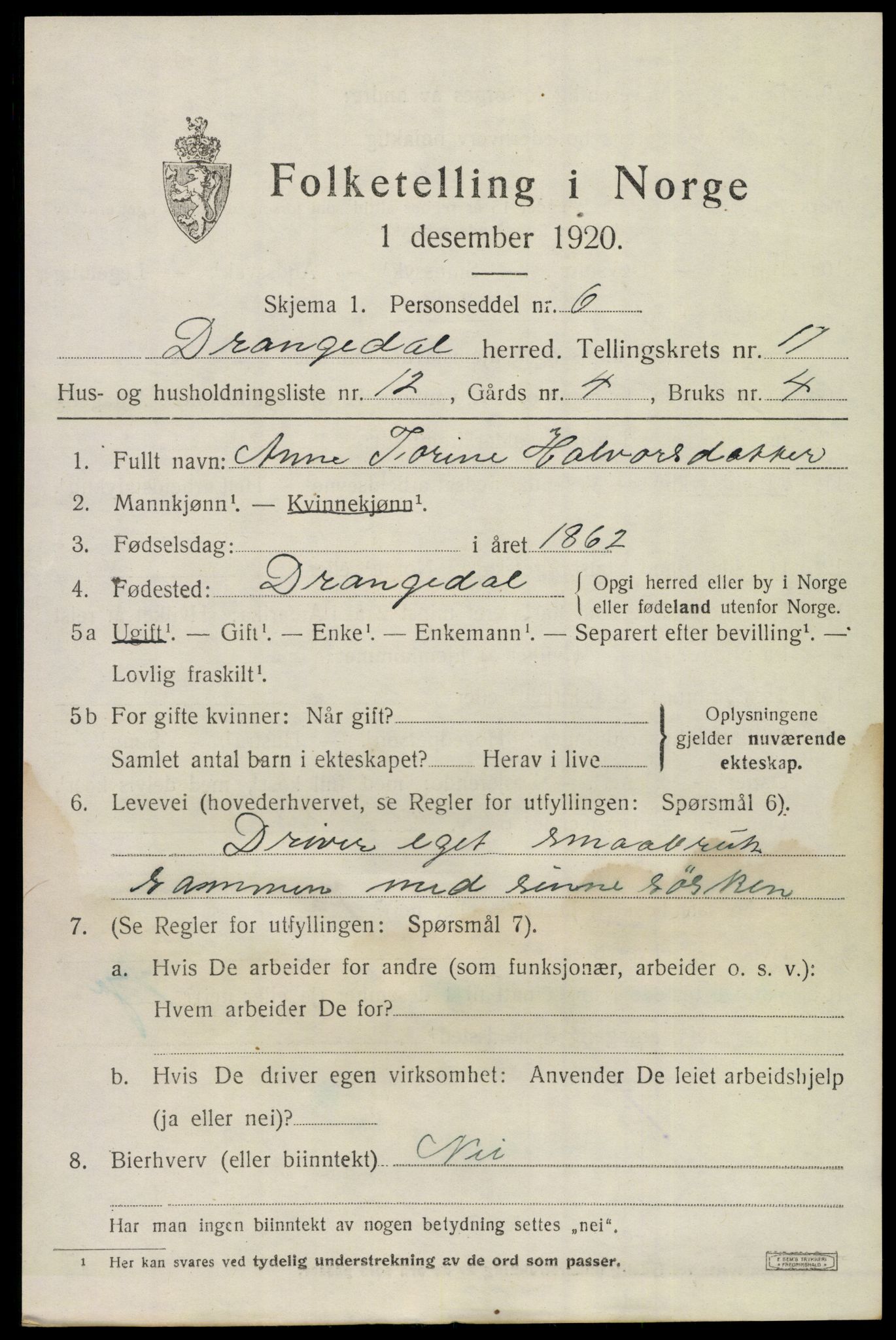 SAKO, 1920 census for Drangedal, 1920, p. 6765