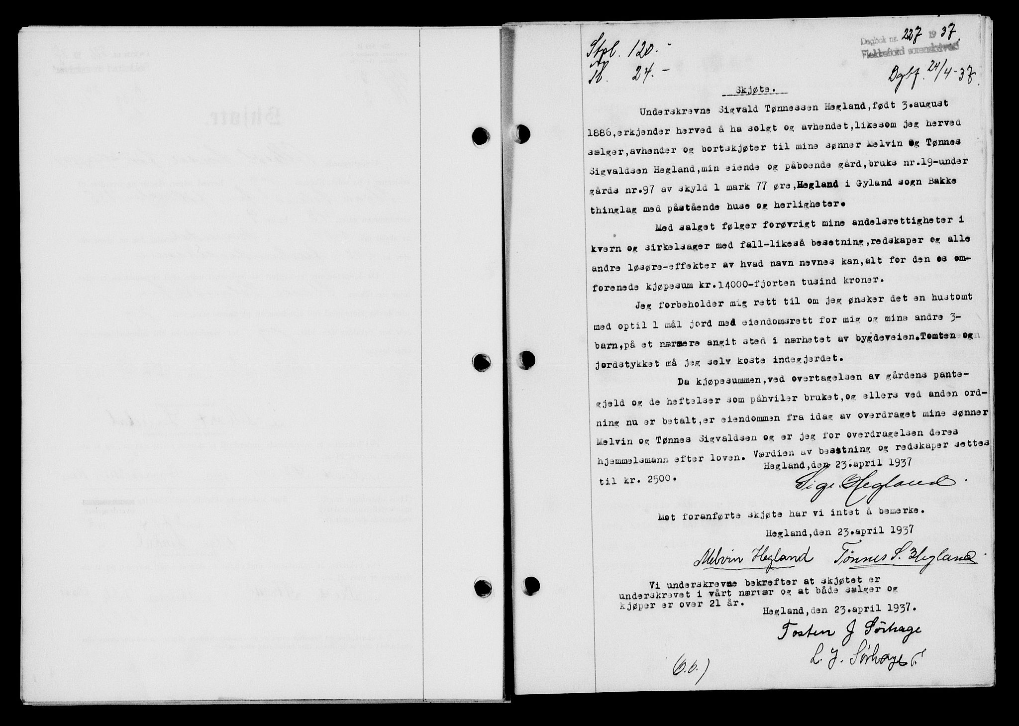 Flekkefjord sorenskriveri, SAK/1221-0001/G/Gb/Gba/L0053: Mortgage book no. A-1, 1936-1937, Diary no: : 227/1937