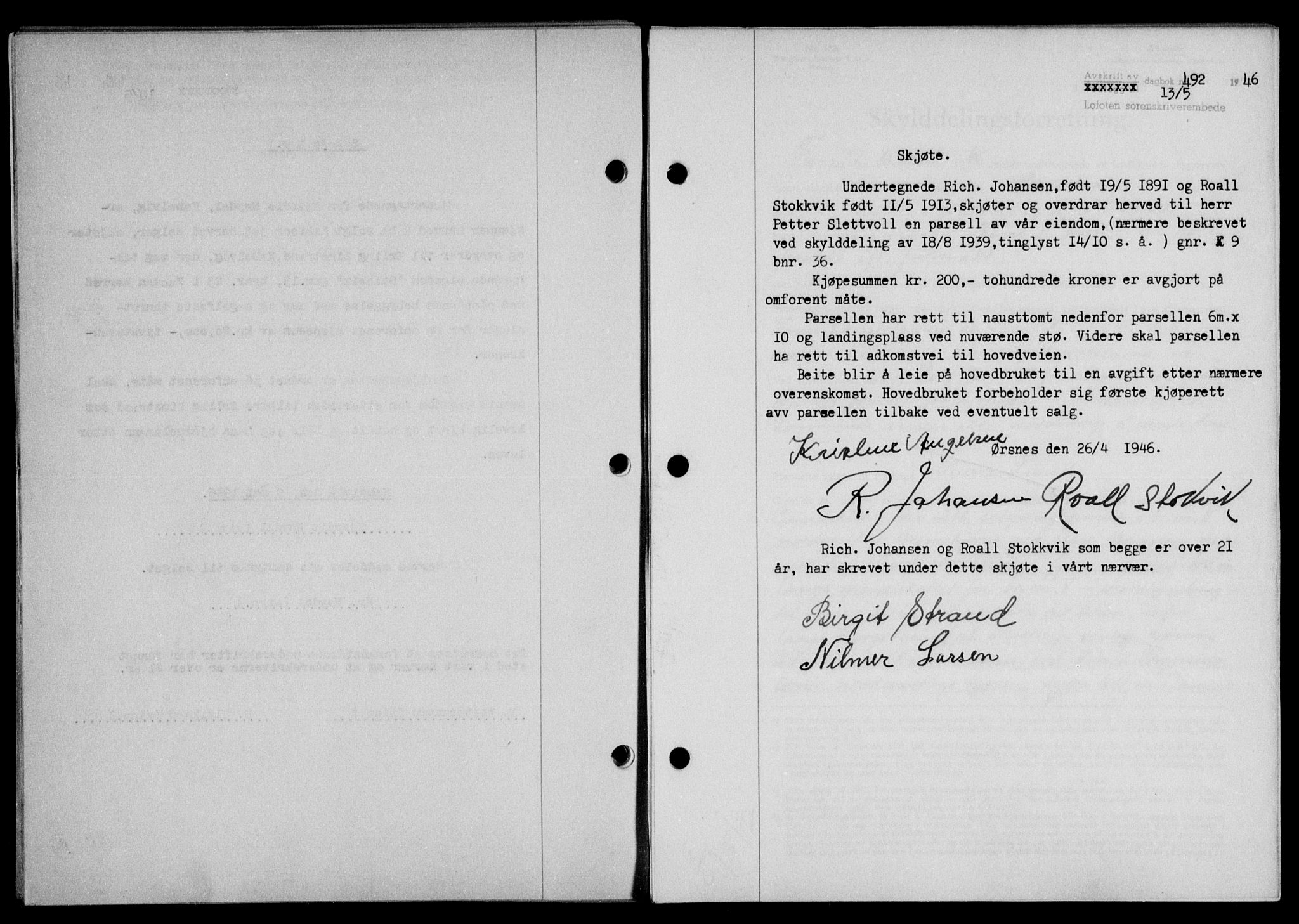 Lofoten sorenskriveri, SAT/A-0017/1/2/2C/L0014a: Mortgage book no. 14a, 1946-1946, Diary no: : 492/1946