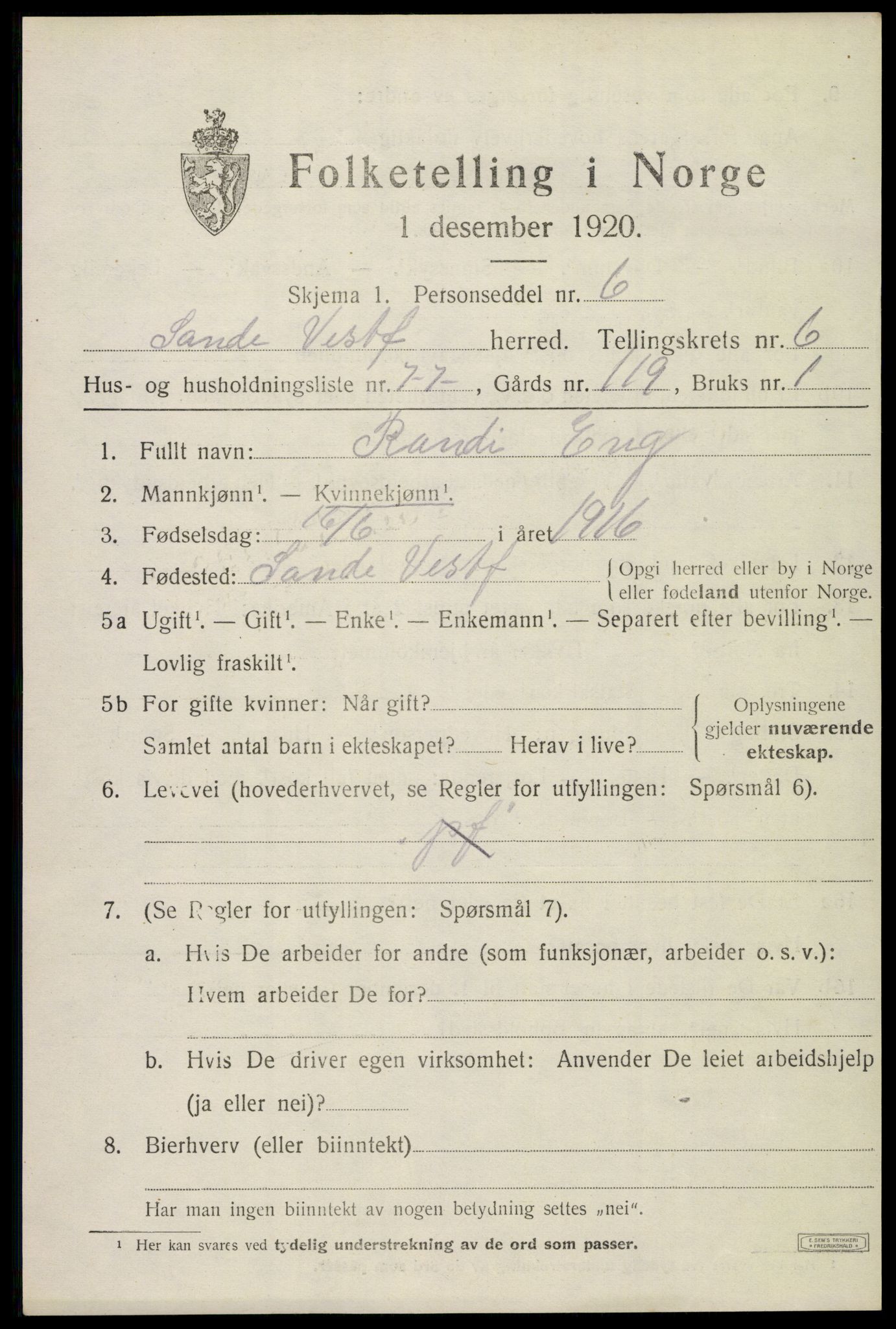 SAKO, 1920 census for Sande, 1920, p. 8066