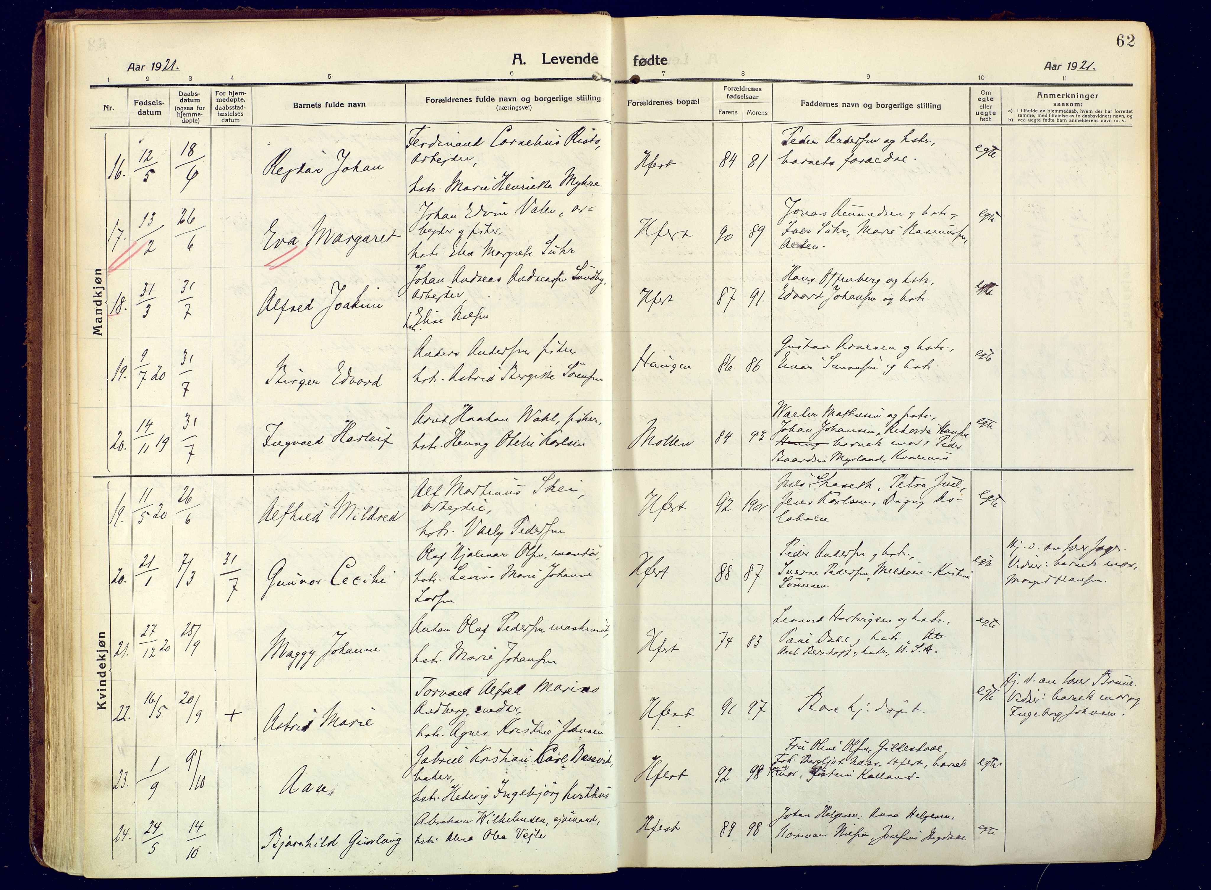 Hammerfest sokneprestkontor, AV/SATØ-S-1347/H/Ha/L0015.kirke: Parish register (official) no. 15, 1916-1923, p. 62