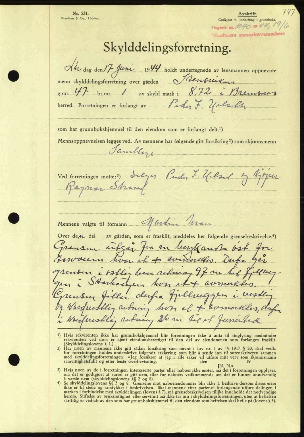 Nordmøre sorenskriveri, AV/SAT-A-4132/1/2/2Ca: Mortgage book no. A97, 1944-1944, Diary no: : 1040/1944