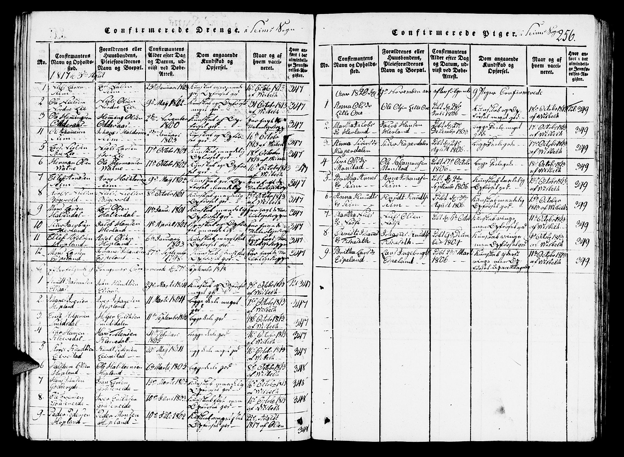 Hosanger sokneprestembete, AV/SAB-A-75801/H/Hab: Parish register (copy) no. A 1 /2, 1816-1825, p. 256