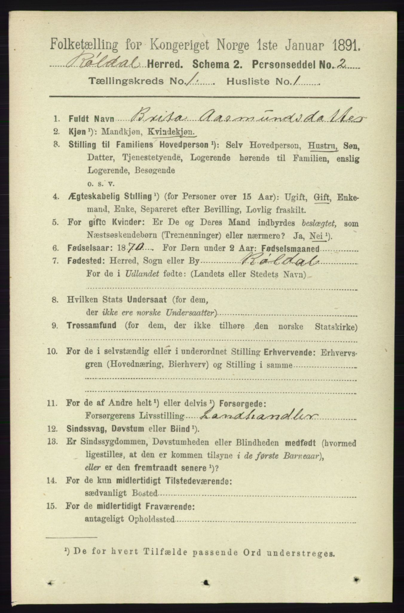 RA, 1891 census for 1229 Røldal, 1891, p. 92