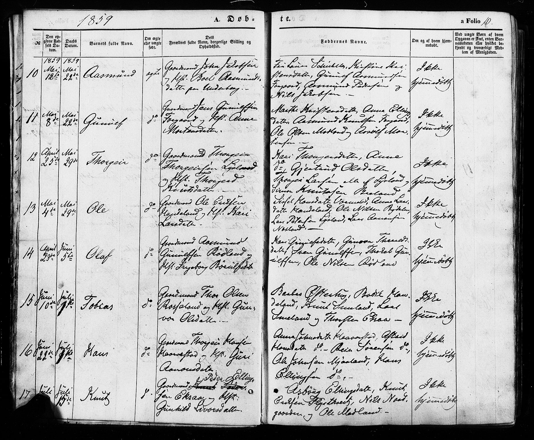 Åseral sokneprestkontor, AV/SAK-1111-0051/F/Fa/L0002: Parish register (official) no. A 2, 1854-1884, p. 10