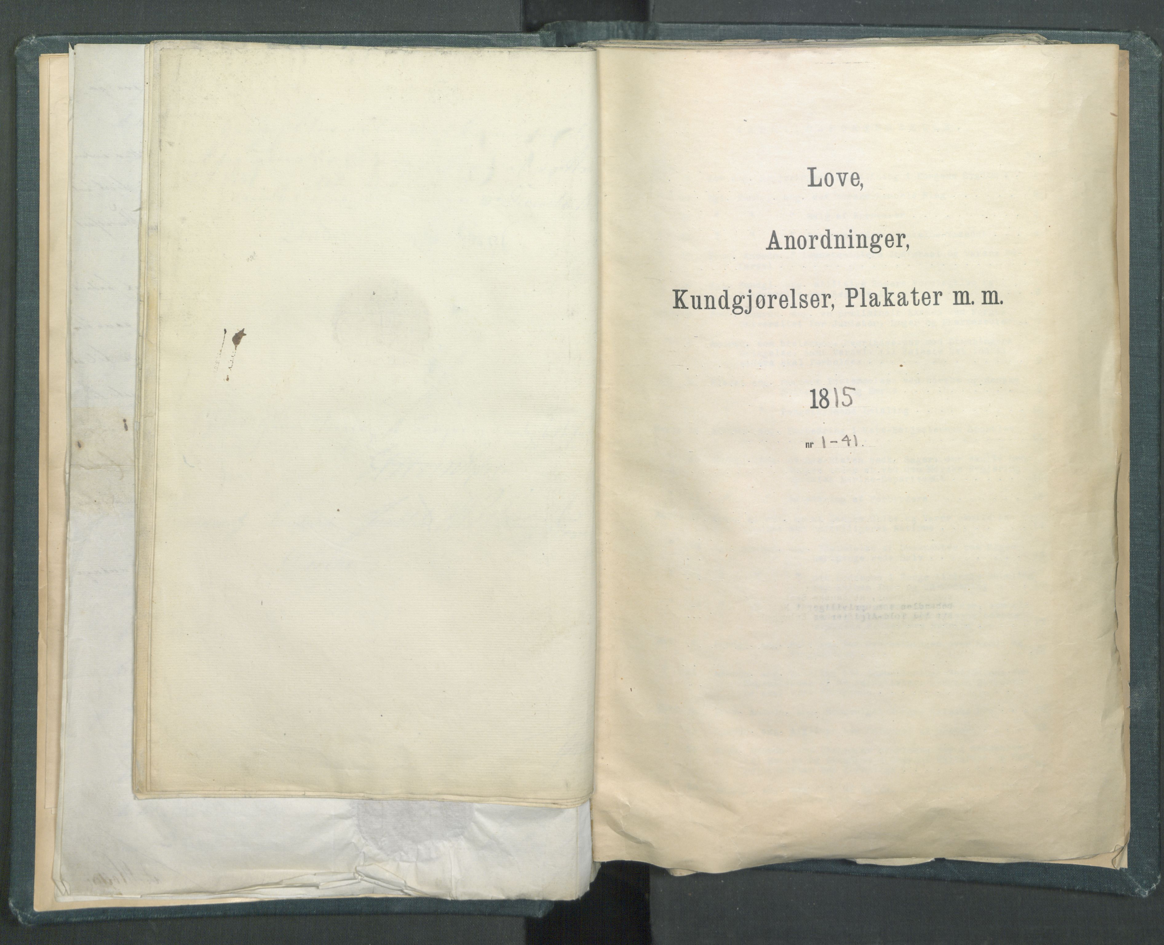 Statsrådssekretariatet, RA/S-1001/D/Dd/Dda/L0001: Lover etc. Tittelbladet "Love, Anordninger, Kundgjørelser, Plakater m.m.", 1814-1815, p. 36