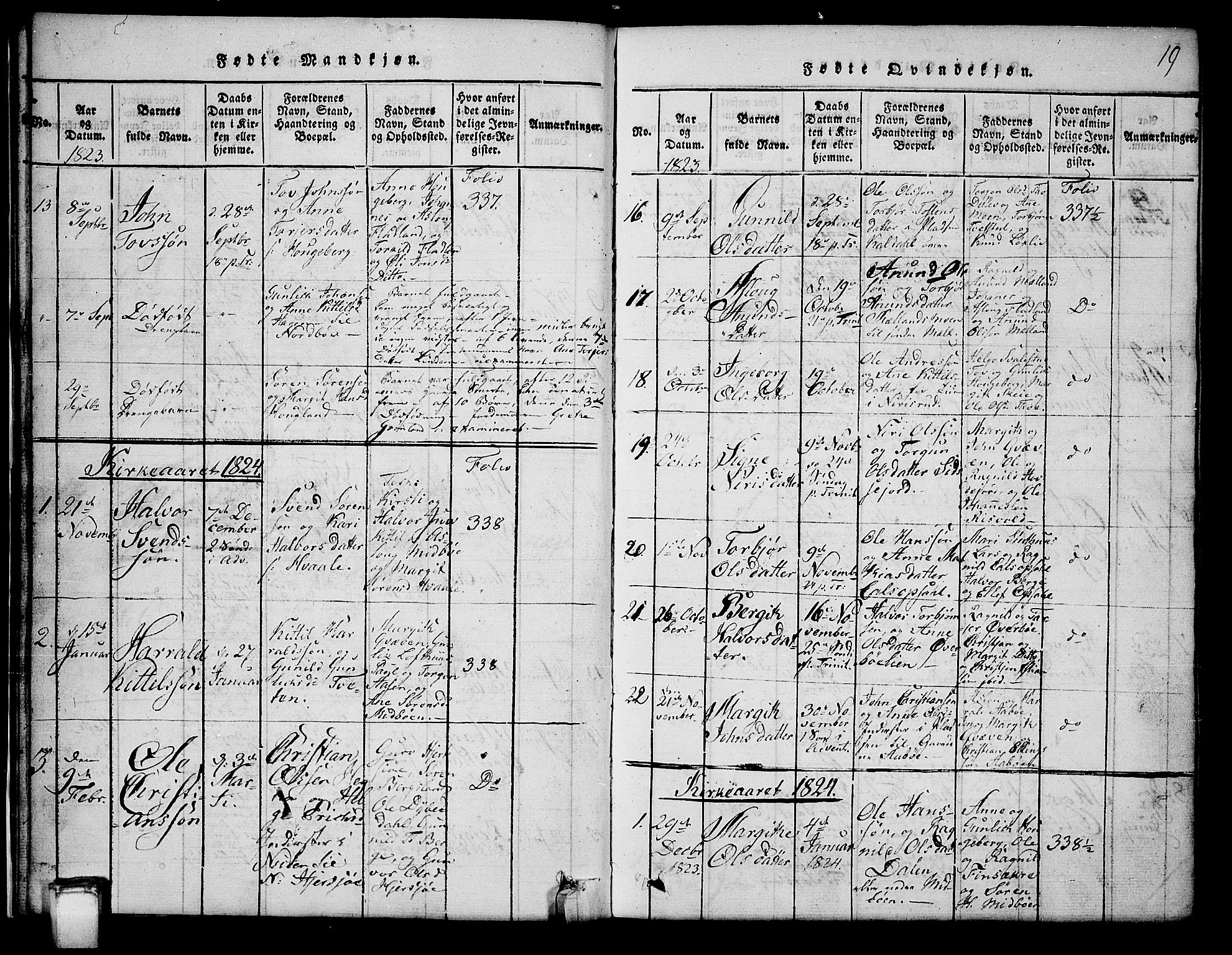 Hjartdal kirkebøker, SAKO/A-270/G/Ga/L0001: Parish register (copy) no. I 1, 1815-1842, p. 19