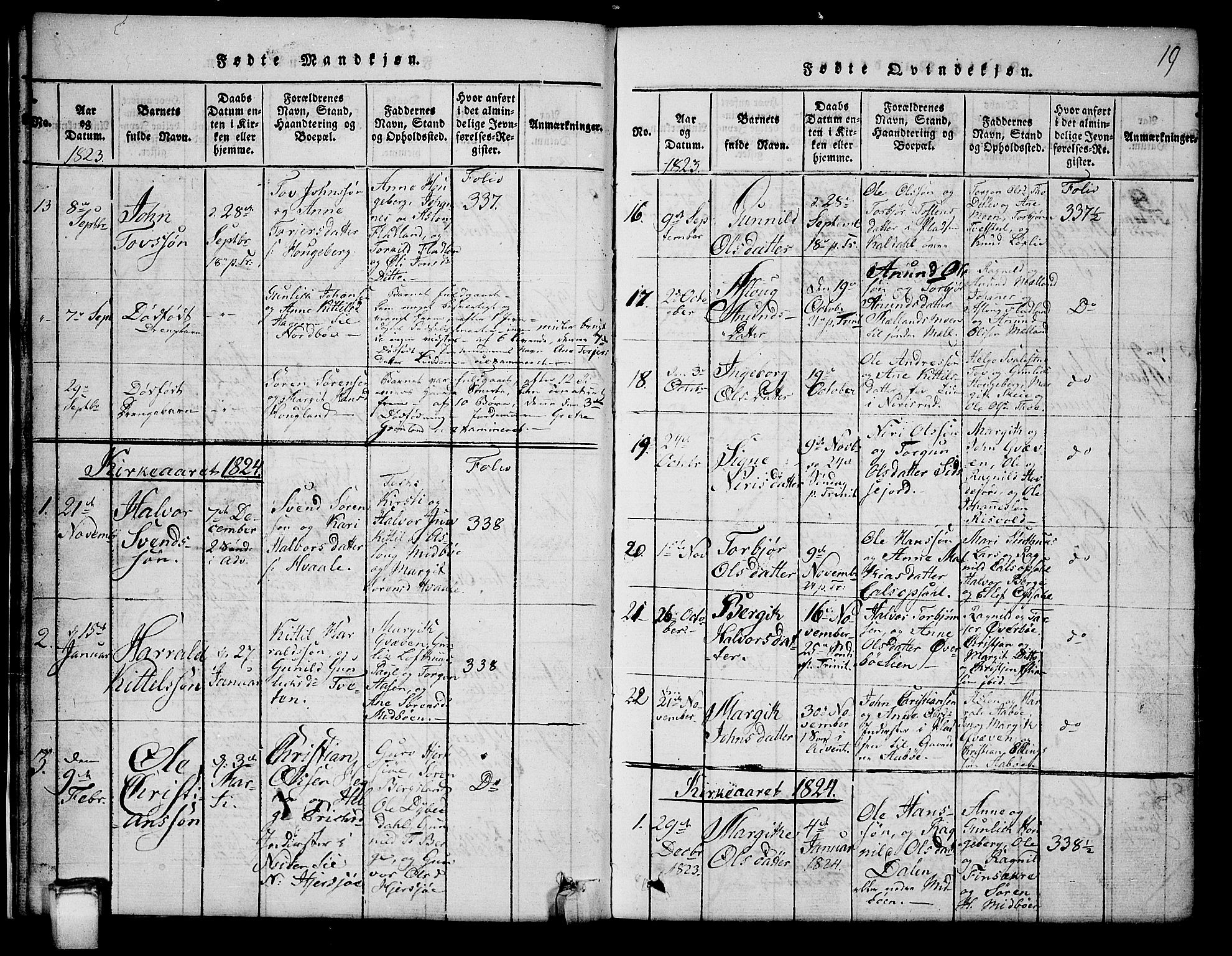 Hjartdal kirkebøker, AV/SAKO-A-270/G/Ga/L0001: Parish register (copy) no. I 1, 1815-1842, p. 19