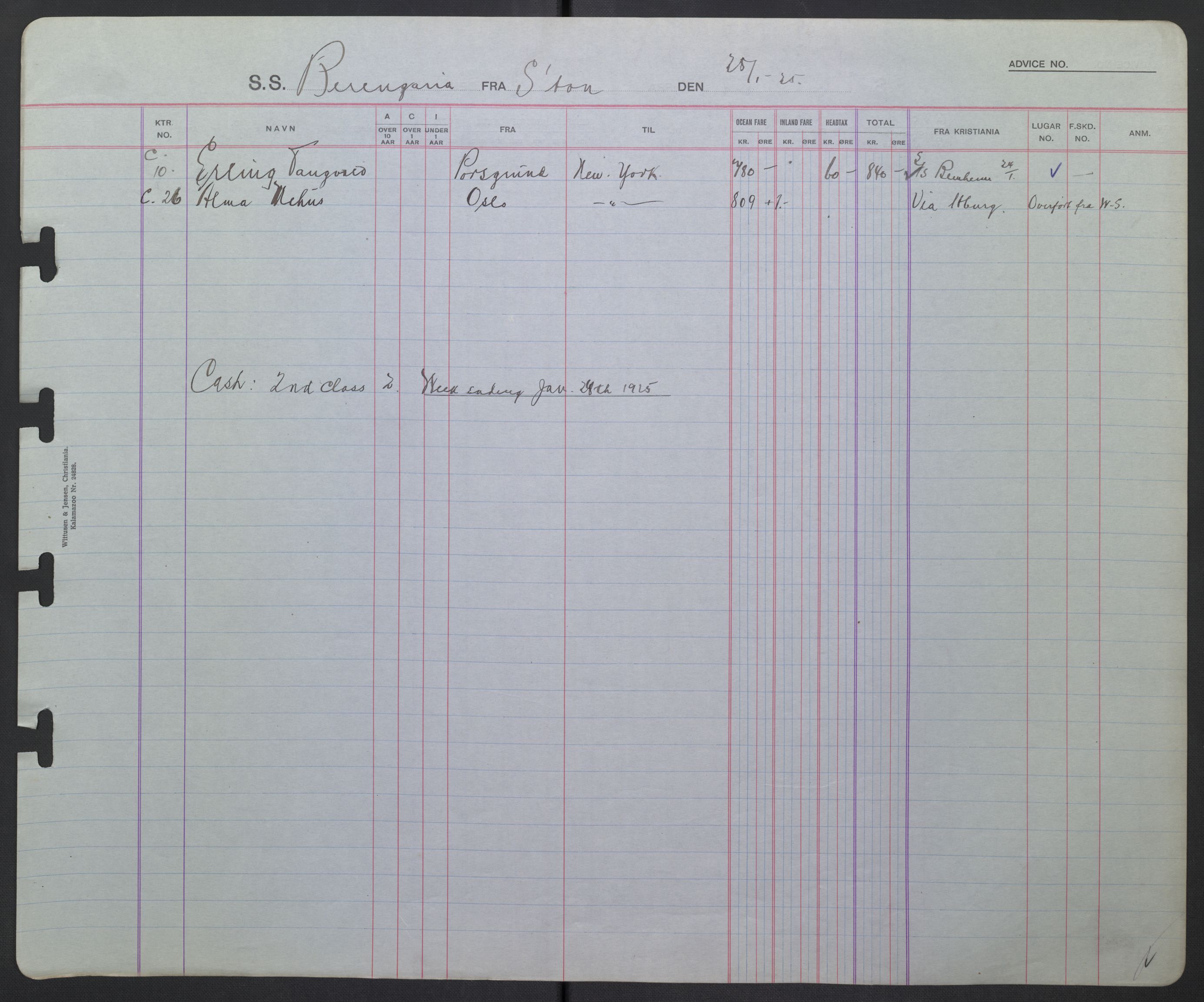 White Star-linjen, AV/SAO-PAO-0201/D/Db/L0002: Passasjerlister, 1924-1927, p. 98