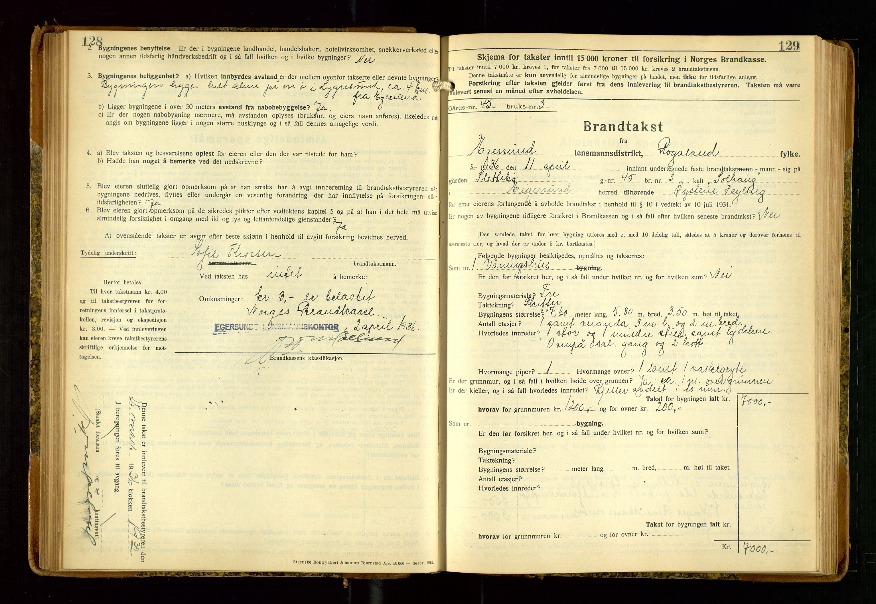 Eigersund lensmannskontor, AV/SAST-A-100171/Gob/L0006: "Brandtakstprotokoll", 1934-1938, p. 128-129