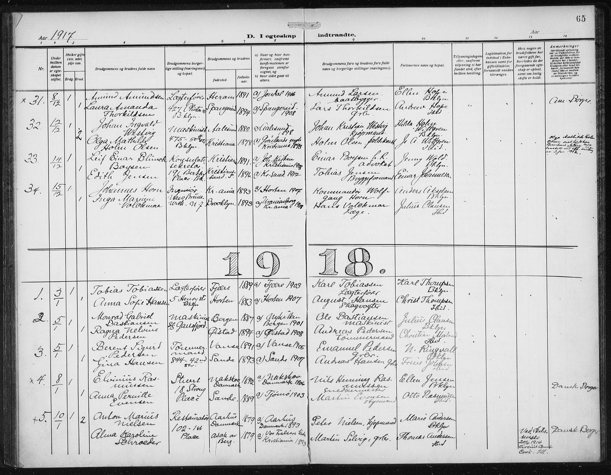 Den norske sjømannsmisjon i utlandet/New York, AV/SAB-SAB/PA-0110/H/Ha/L0007: Parish register (official) no. A 7, 1915-1923, p. 65