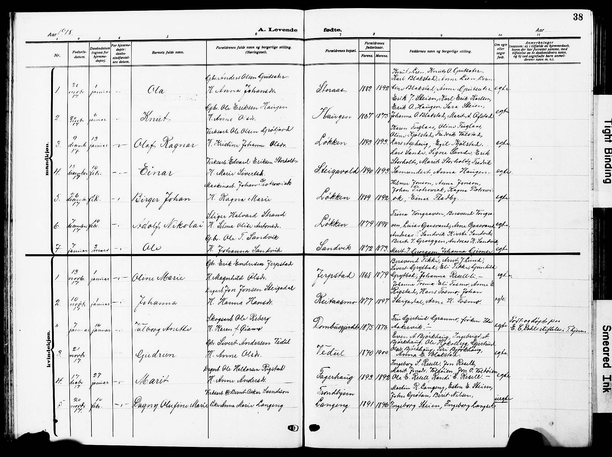 Ministerialprotokoller, klokkerbøker og fødselsregistre - Sør-Trøndelag, SAT/A-1456/672/L0865: Parish register (copy) no. 672C04, 1914-1928, p. 38