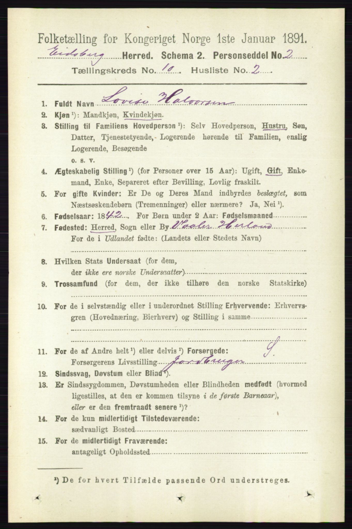 RA, 1891 census for 0125 Eidsberg, 1891, p. 5674