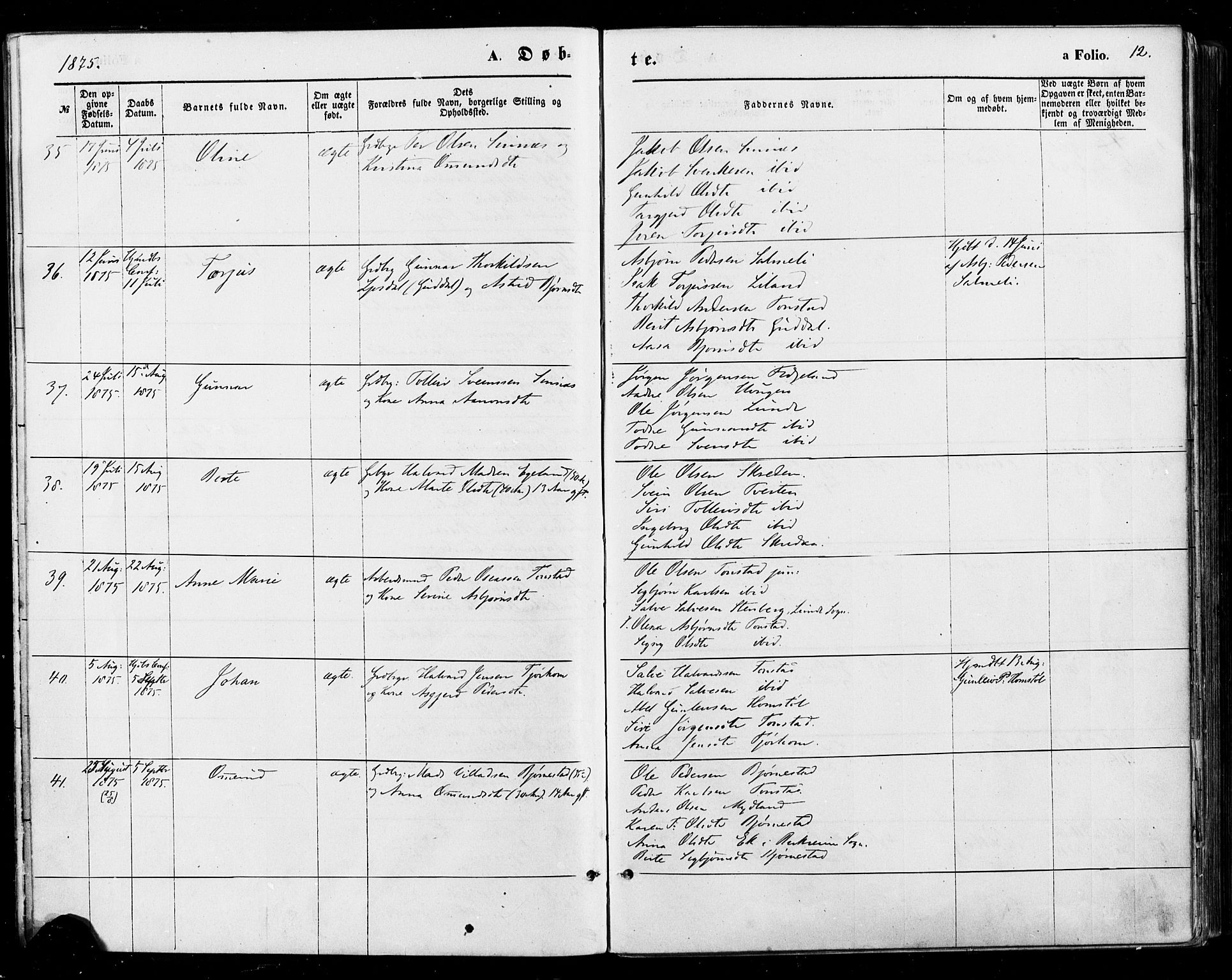 Sirdal sokneprestkontor, AV/SAK-1111-0036/F/Fa/Fab/L0003: Parish register (official) no. A 3, 1874-1886, p. 12