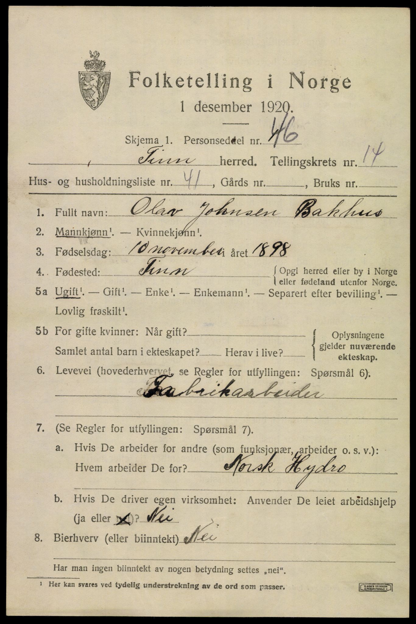 SAKO, 1920 census for Tinn, 1920, p. 9894