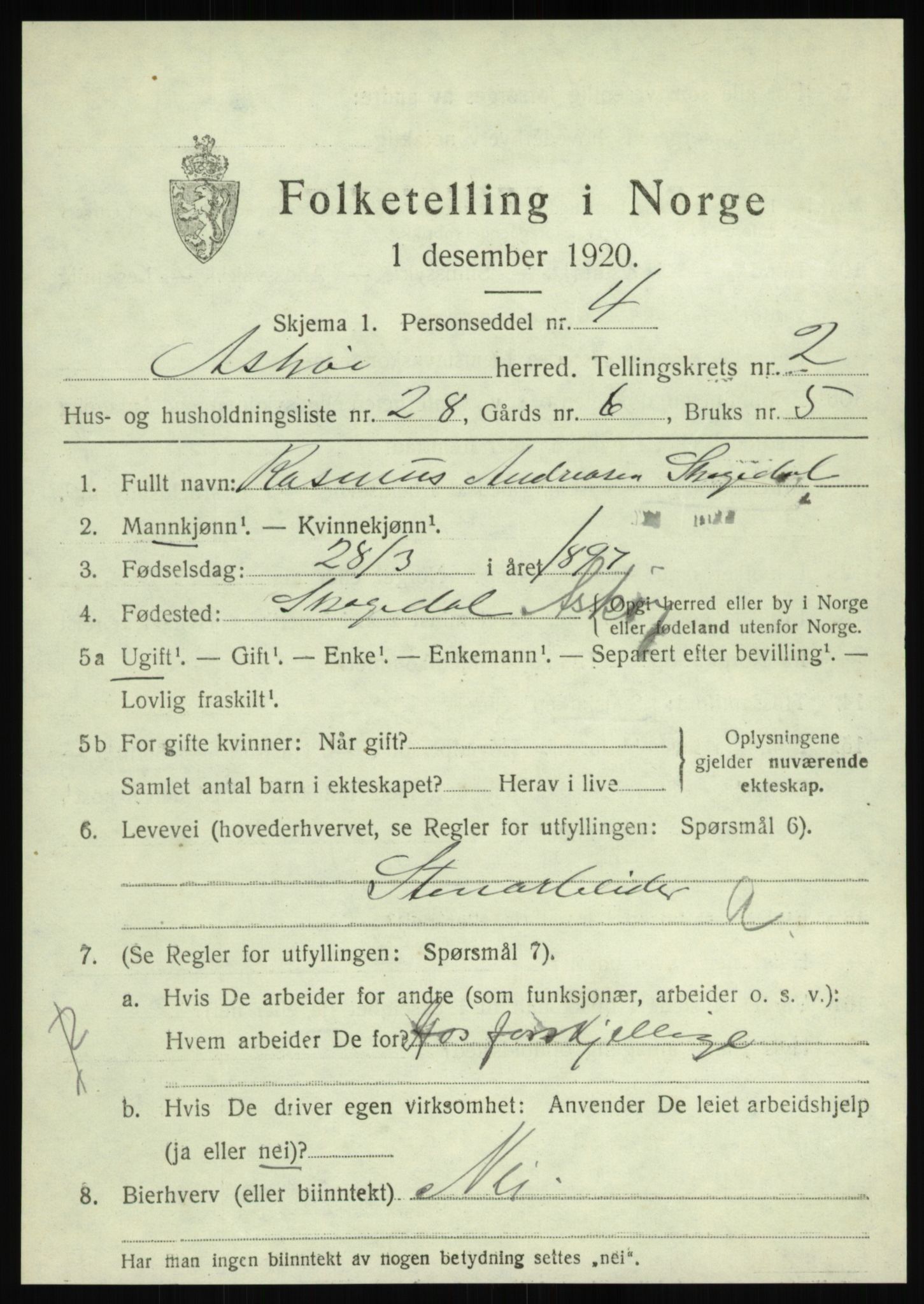 SAB, 1920 census for Askøy, 1920, p. 4898