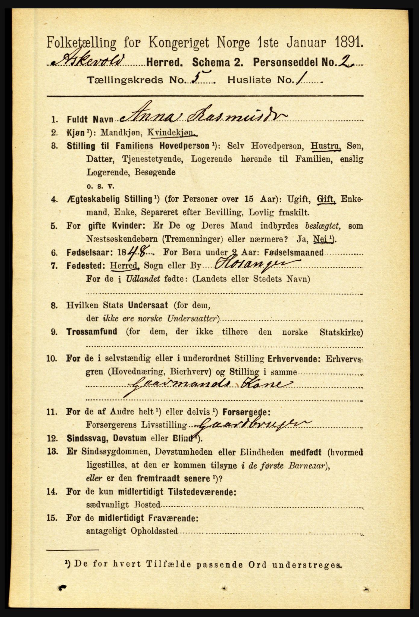 RA, 1891 census for 1428 Askvoll, 1891, p. 1516