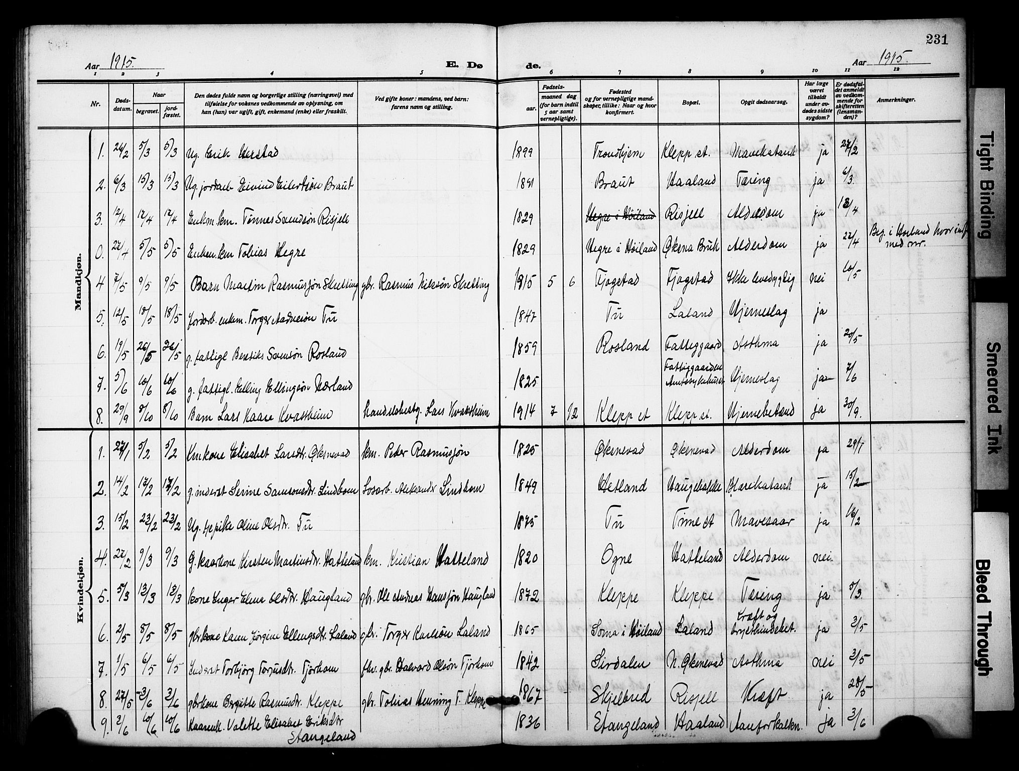 Klepp sokneprestkontor, SAST/A-101803/001/3/30BB/L0007: Parish register (copy) no. B 7, 1908-1934, p. 231