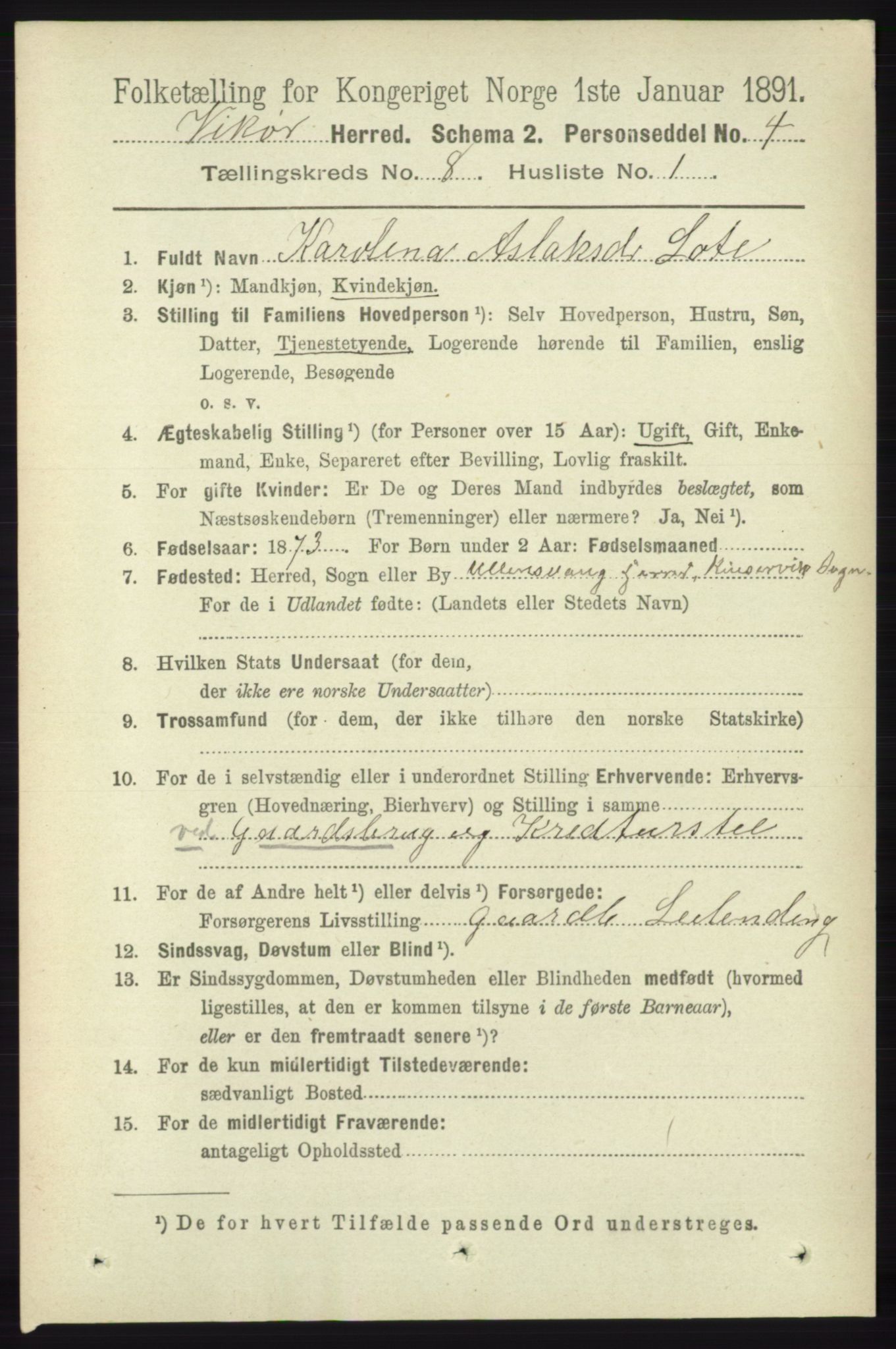 RA, 1891 census for 1238 Vikør, 1891, p. 2326