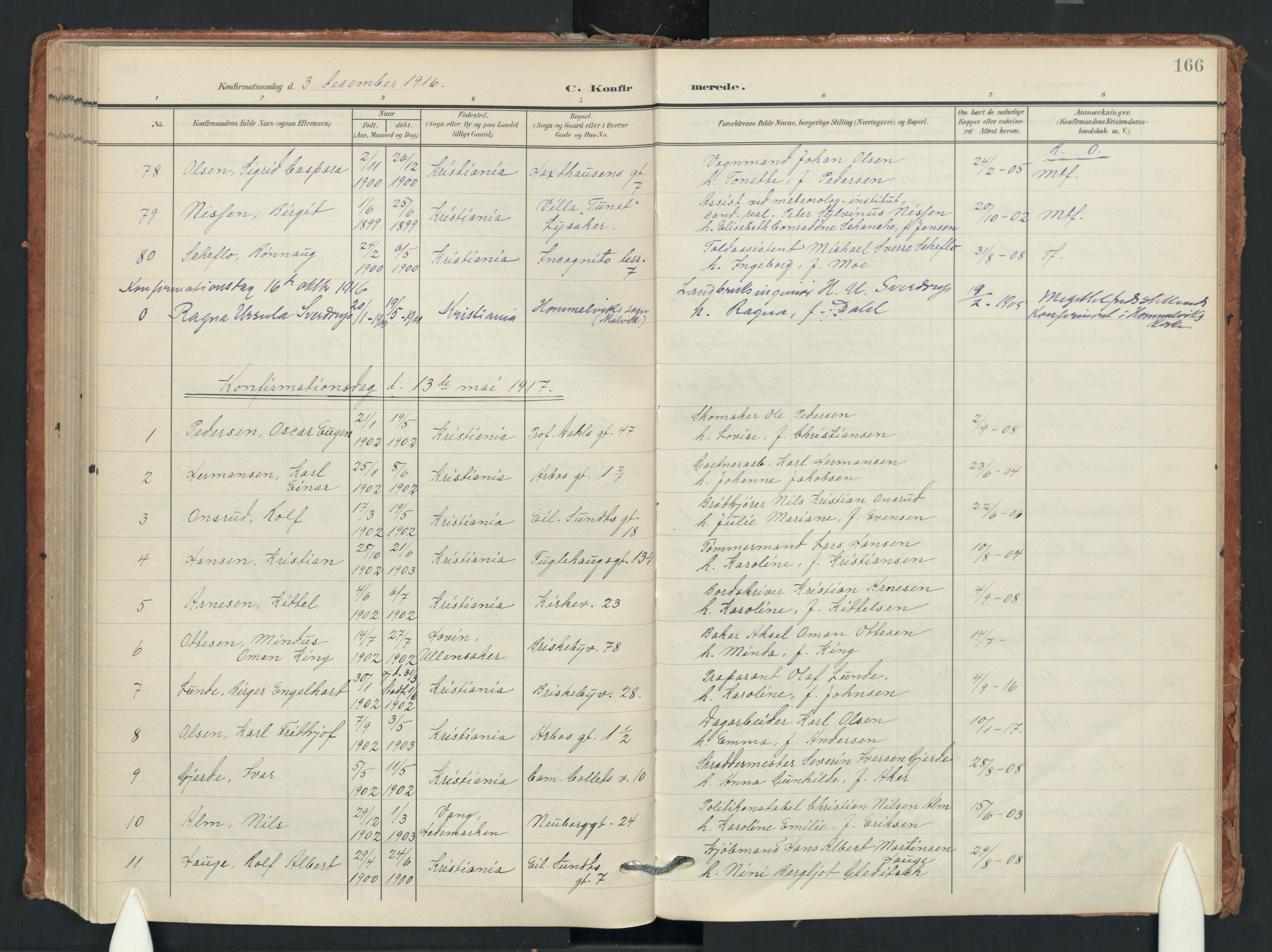 Uranienborg prestekontor Kirkebøker, SAO/A-10877/F/Fa/L0009: Parish register (official) no. 9, 1904-1919, p. 166