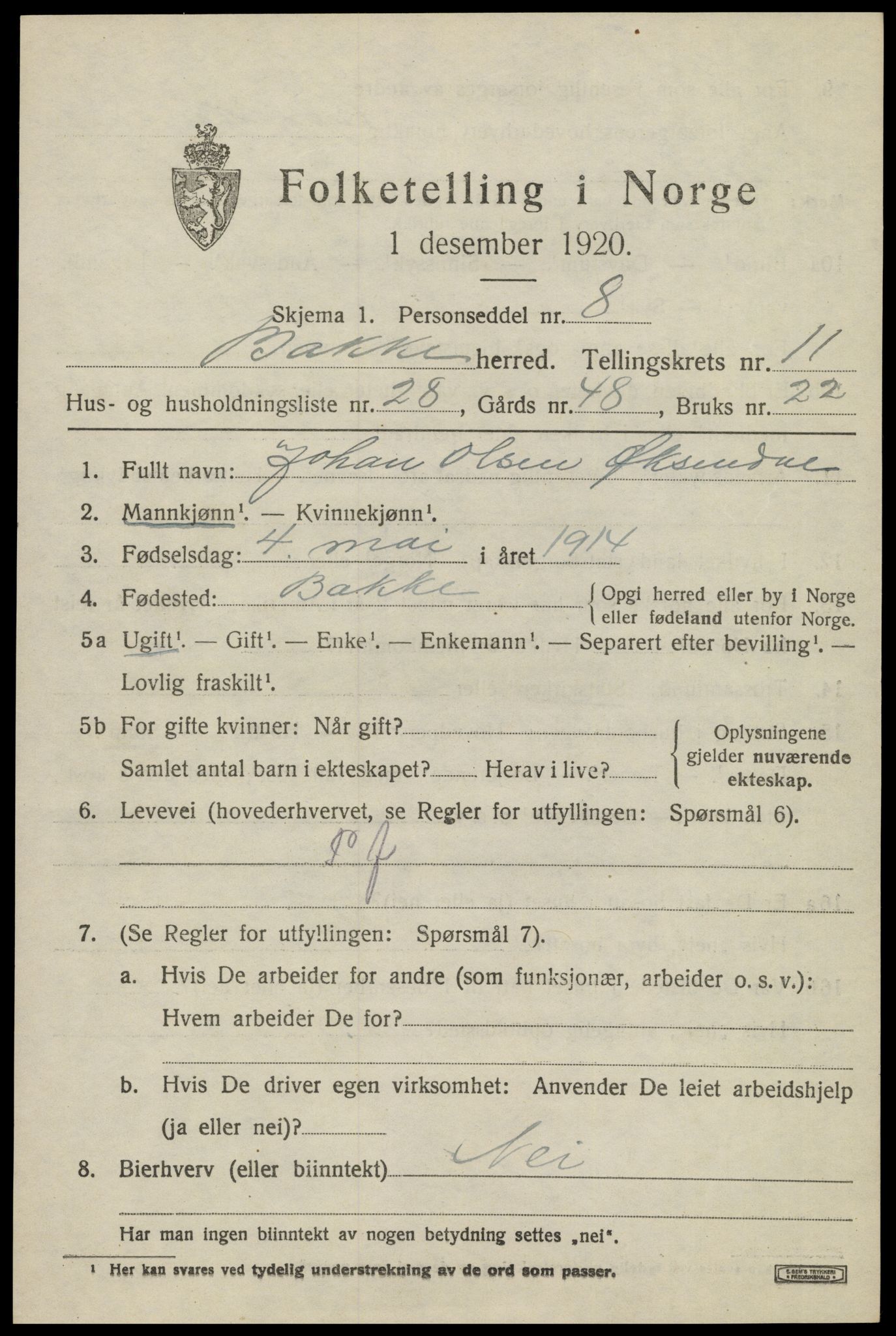 SAK, 1920 census for Bakke, 1920, p. 3108