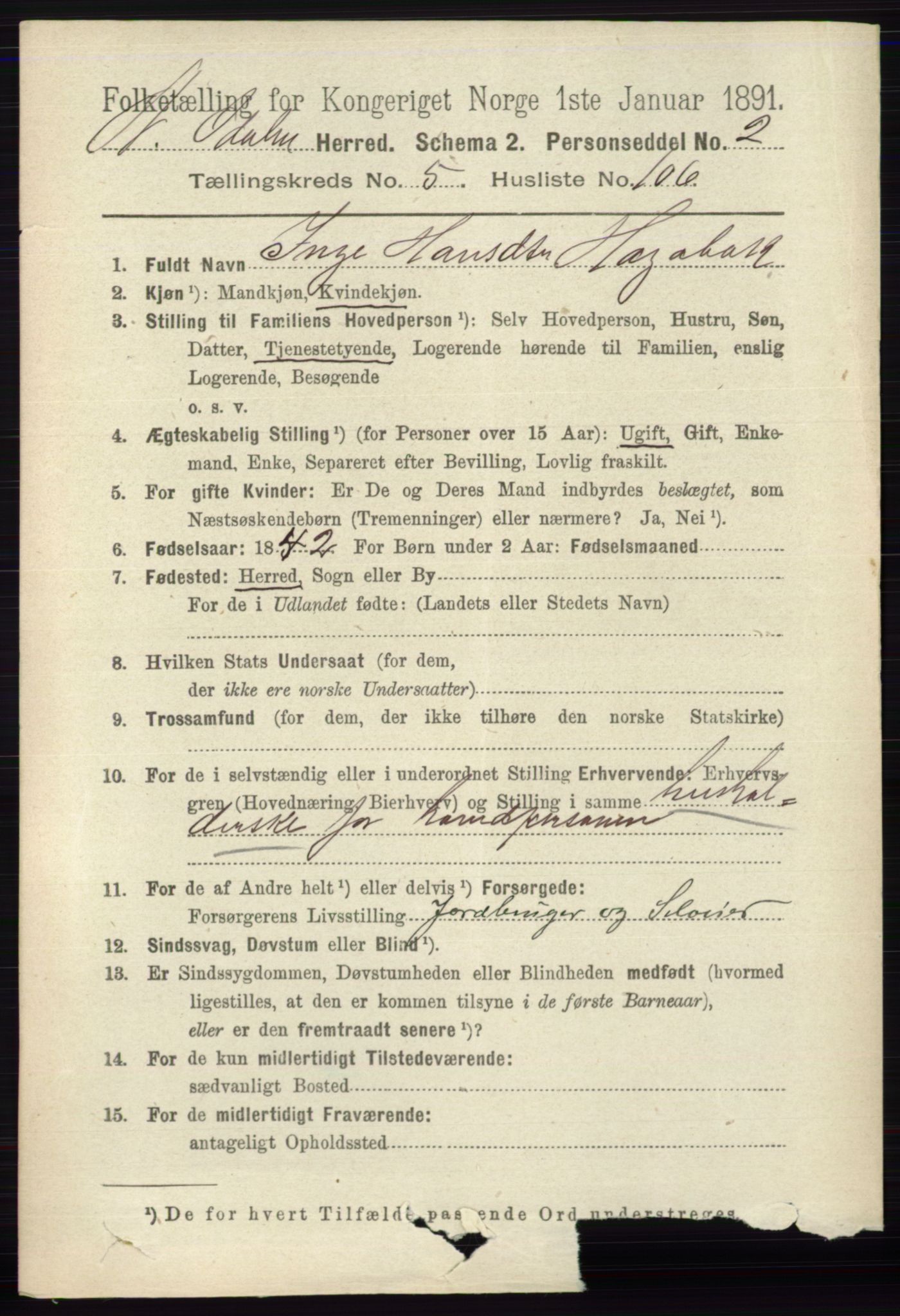 RA, 1891 census for 0418 Nord-Odal, 1891, p. 2199