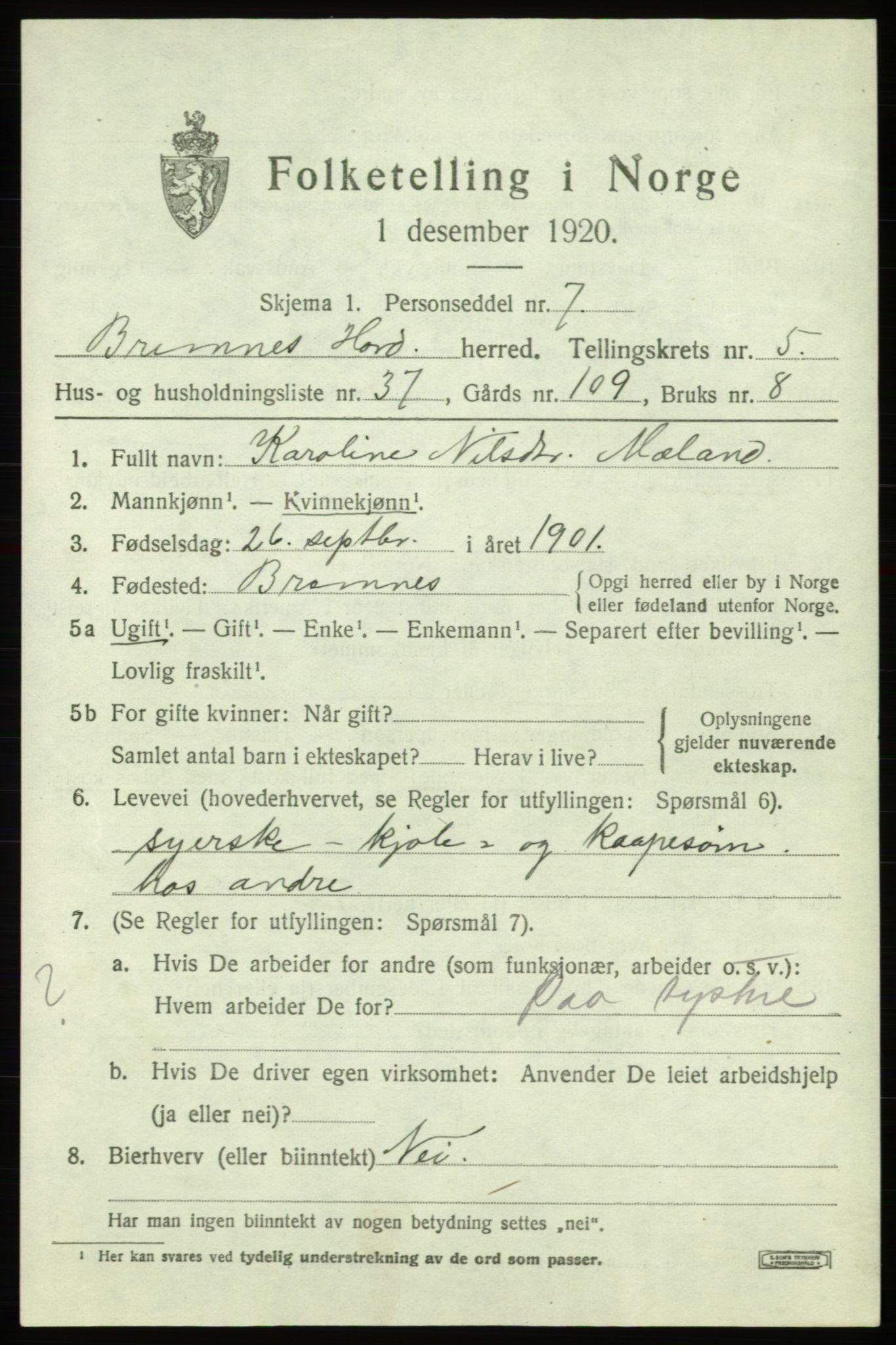 SAB, 1920 census for Bremnes, 1920, p. 3016