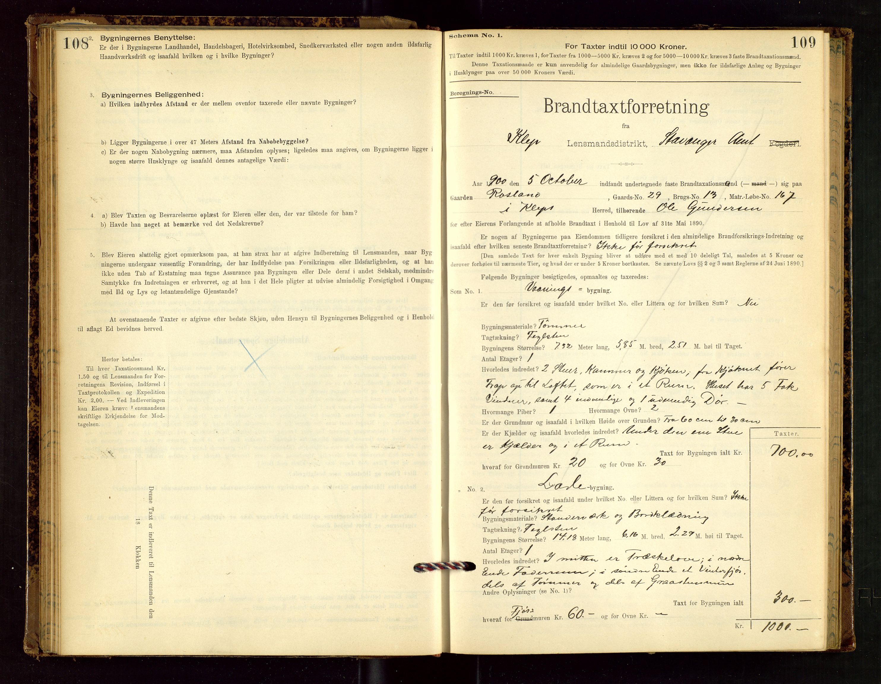 Klepp lensmannskontor, AV/SAST-A-100163/Goc/L0002: "Brandtaxationsprotokol" m/register, 1898-1902, p. 108-109