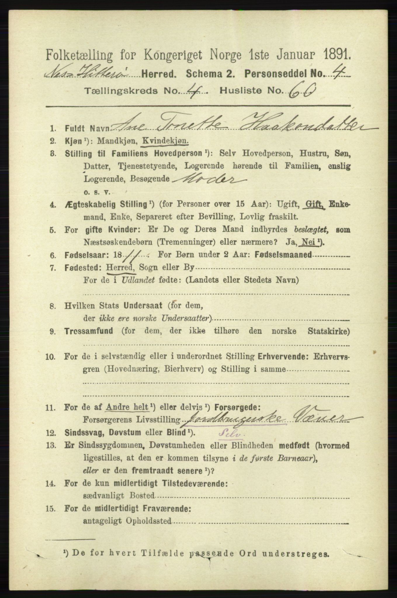 RA, 1891 census for 1043 Hidra og Nes, 1891, p. 1786