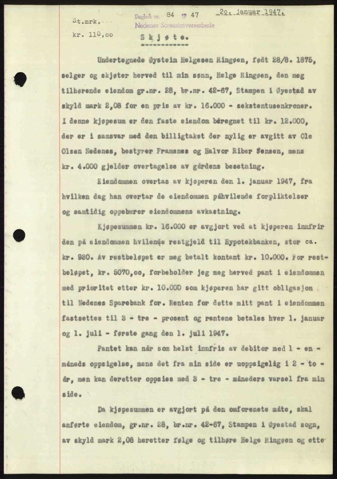 Nedenes sorenskriveri, AV/SAK-1221-0006/G/Gb/Gba/L0056: Mortgage book no. A8, 1946-1947, Diary no: : 84/1947