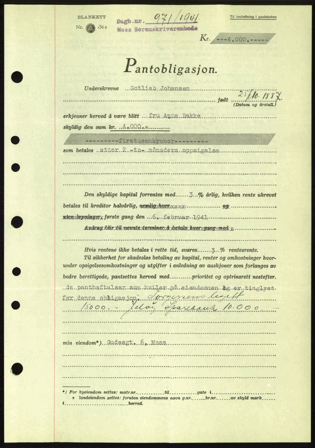 Moss sorenskriveri, SAO/A-10168: Mortgage book no. B10, 1940-1941, Diary no: : 971/1941