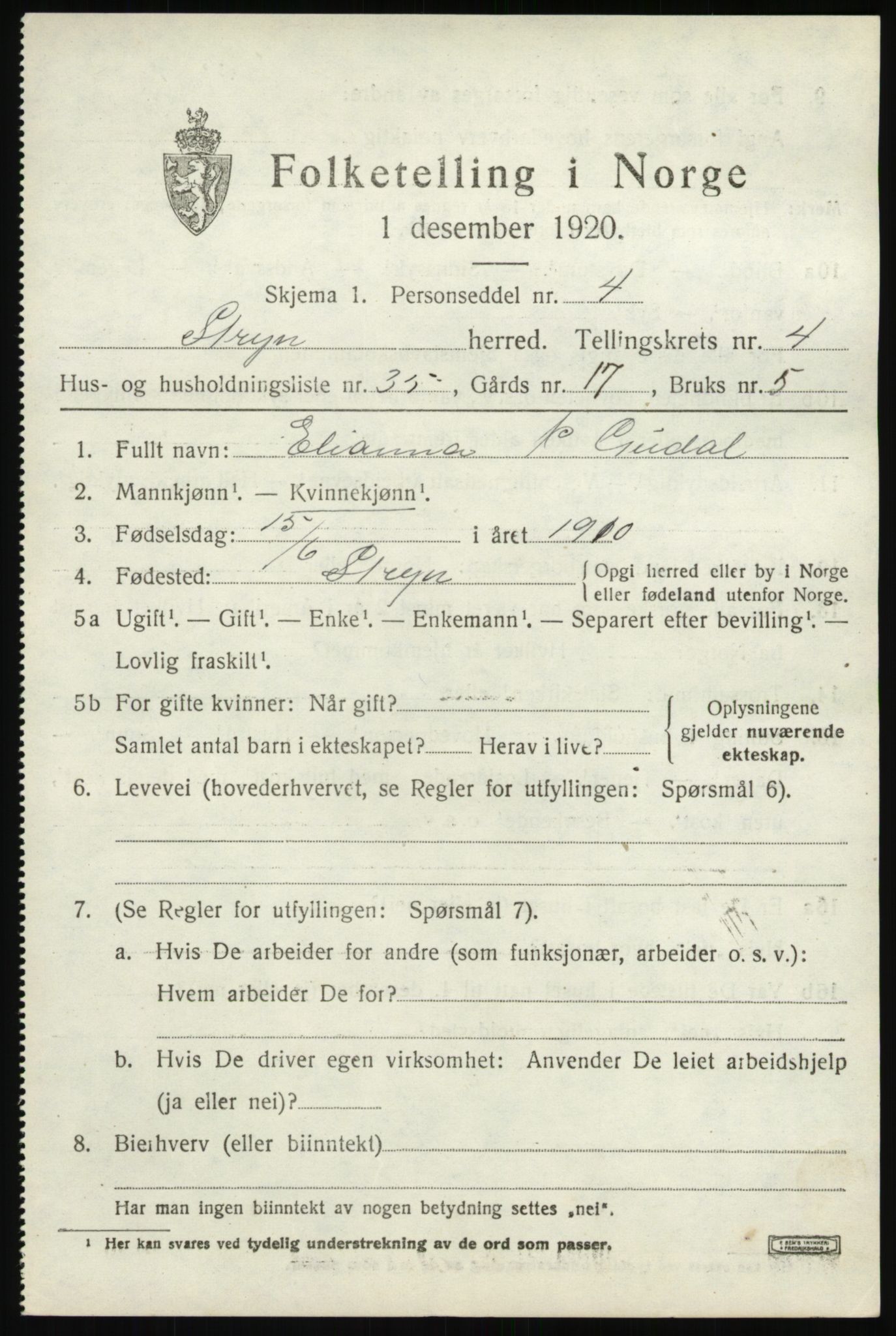 SAB, 1920 census for Stryn, 1920, p. 2138