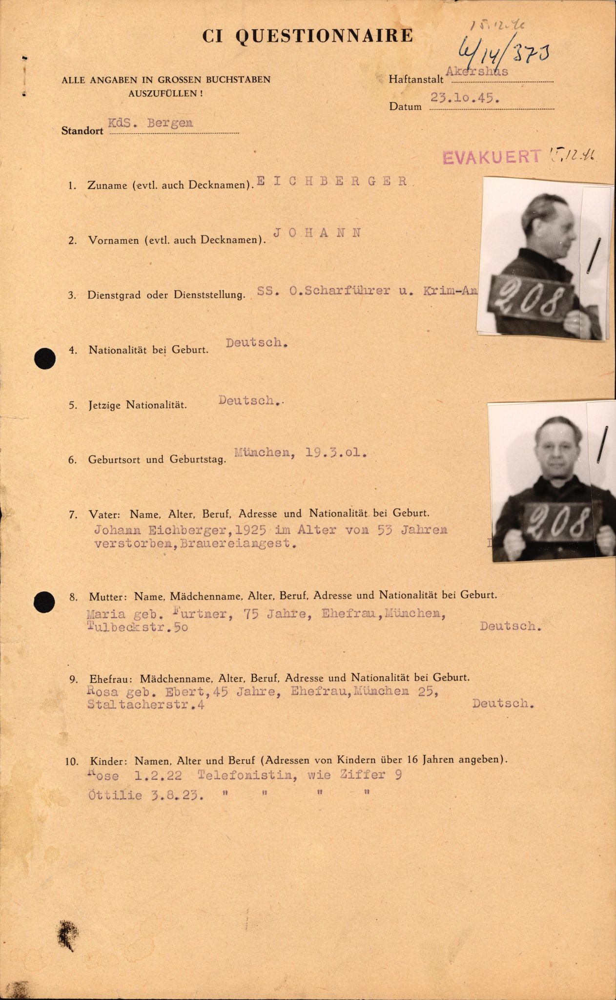 Forsvaret, Forsvarets overkommando II, AV/RA-RAFA-3915/D/Db/L0007: CI Questionaires. Tyske okkupasjonsstyrker i Norge. Tyskere., 1945-1946, p. 89