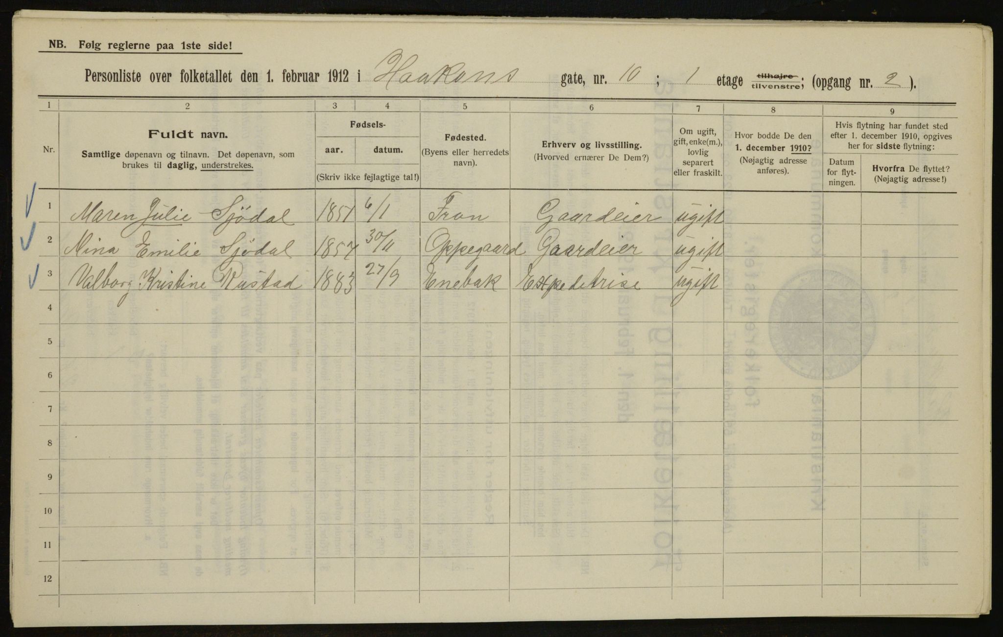 OBA, Municipal Census 1912 for Kristiania, 1912, p. 43125