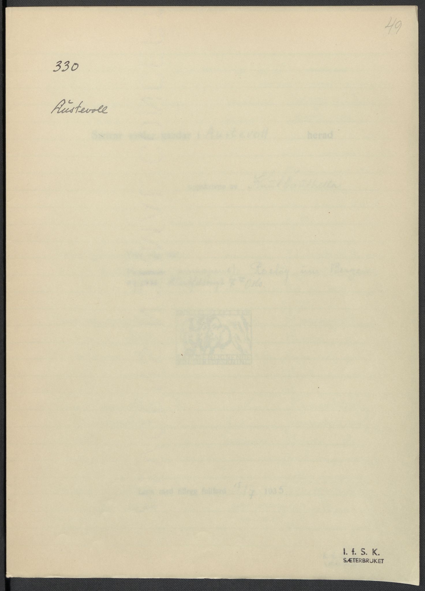 Instituttet for sammenlignende kulturforskning, AV/RA-PA-0424/F/Fc/L0010/0001: Eske B10: / Hordaland (perm XXV), 1932-1939, p. 49