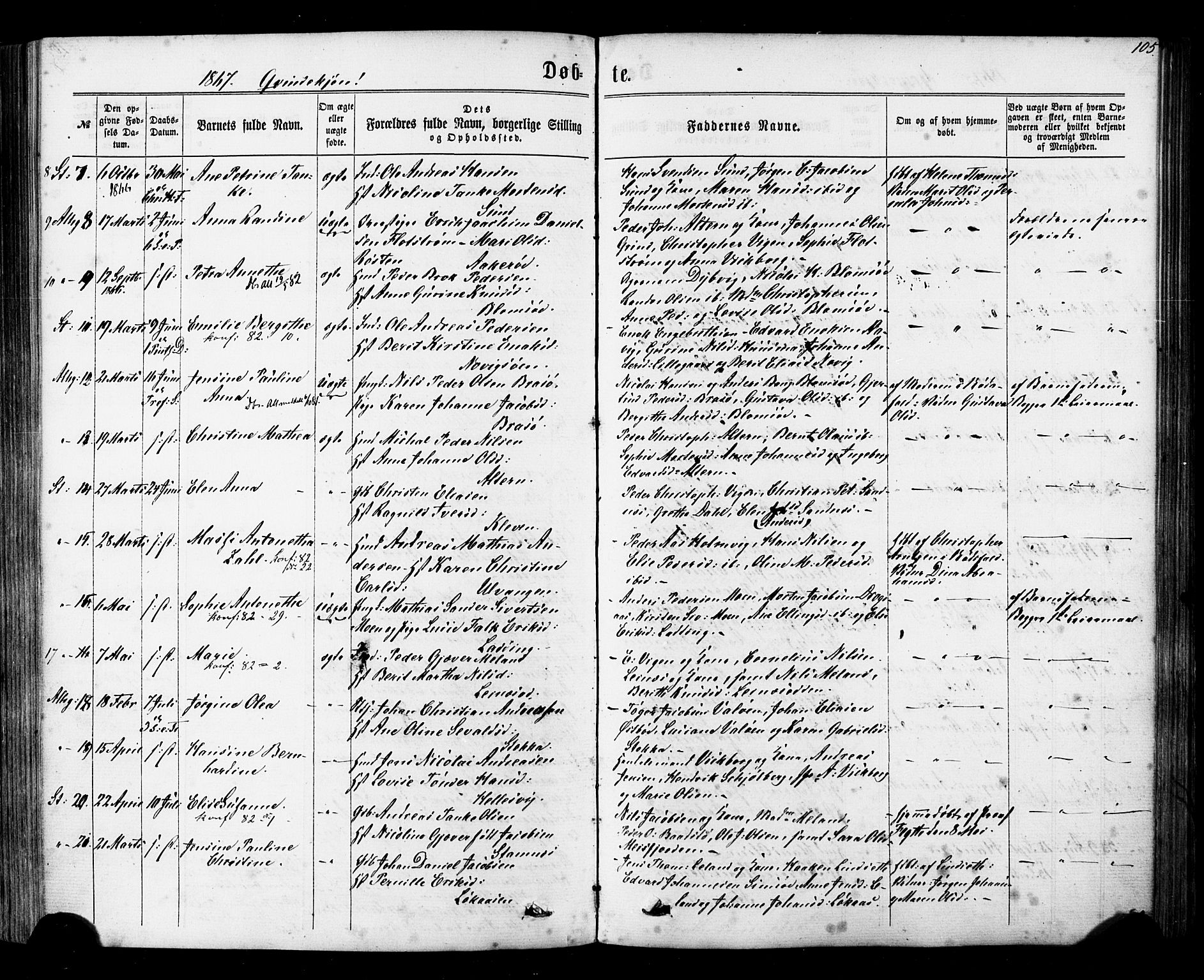 Ministerialprotokoller, klokkerbøker og fødselsregistre - Nordland, SAT/A-1459/830/L0449: Parish register (official) no. 830A13, 1866-1886, p. 105