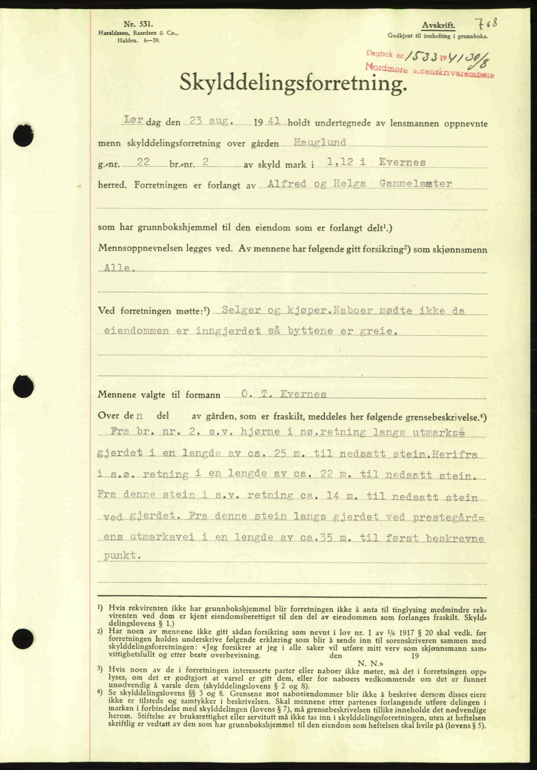 Nordmøre sorenskriveri, SAT/A-4132/1/2/2Ca: Mortgage book no. A90, 1941-1941, Diary no: : 1533/1941