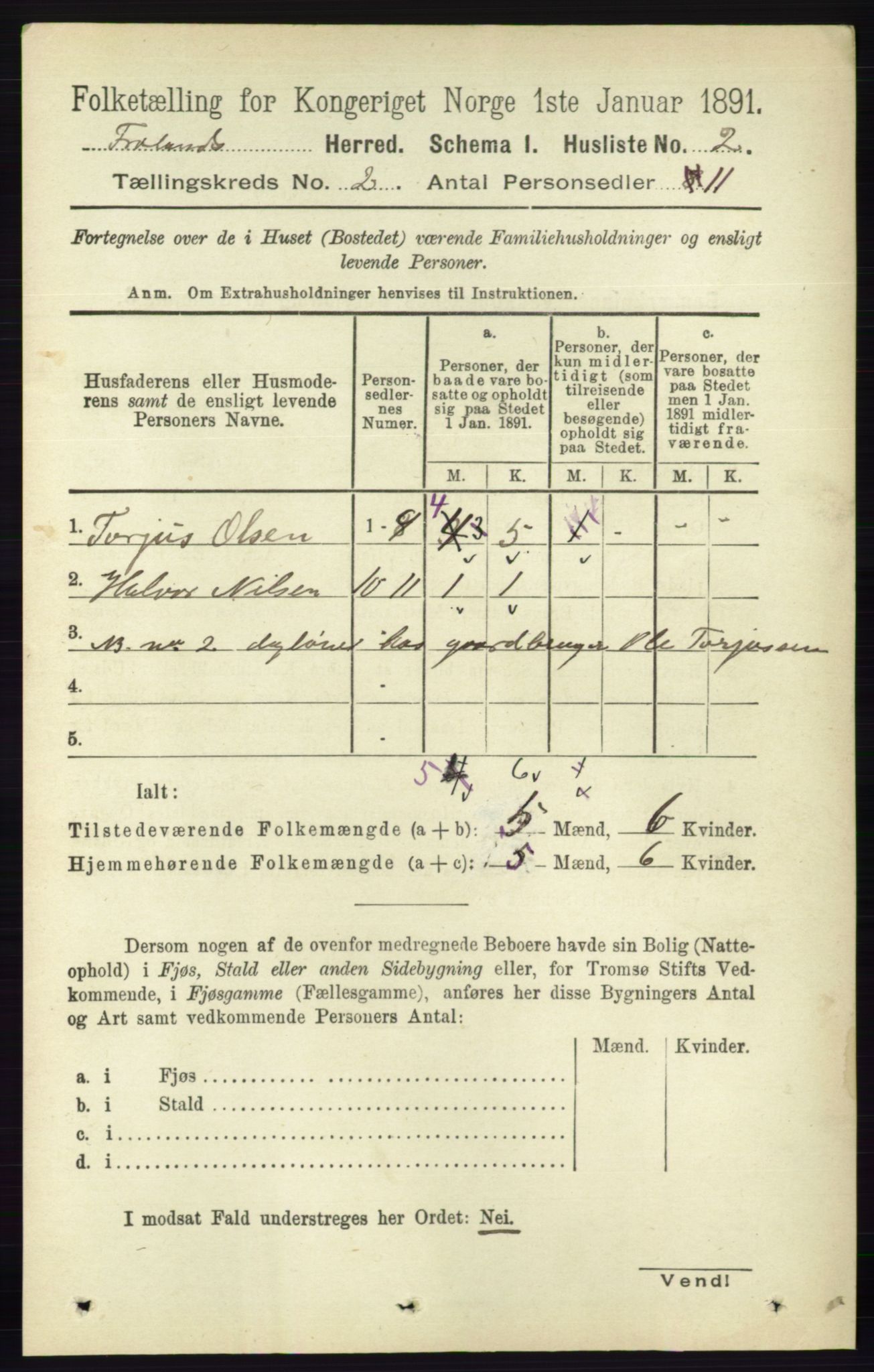 RA, 1891 census for 0919 Froland, 1891, p. 405