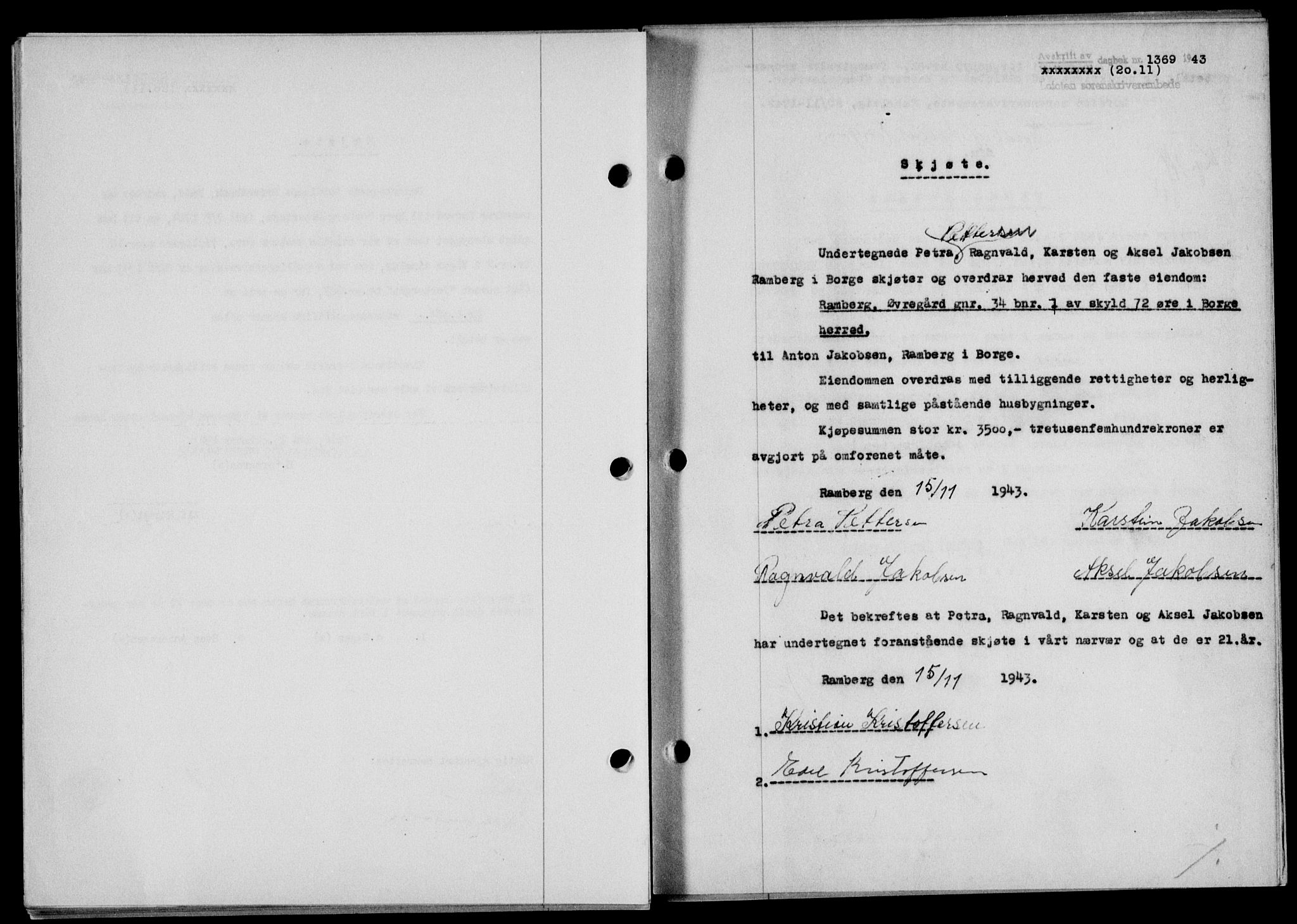 Lofoten sorenskriveri, SAT/A-0017/1/2/2C/L0011a: Mortgage book no. 11a, 1943-1943, Diary no: : 1369/1943