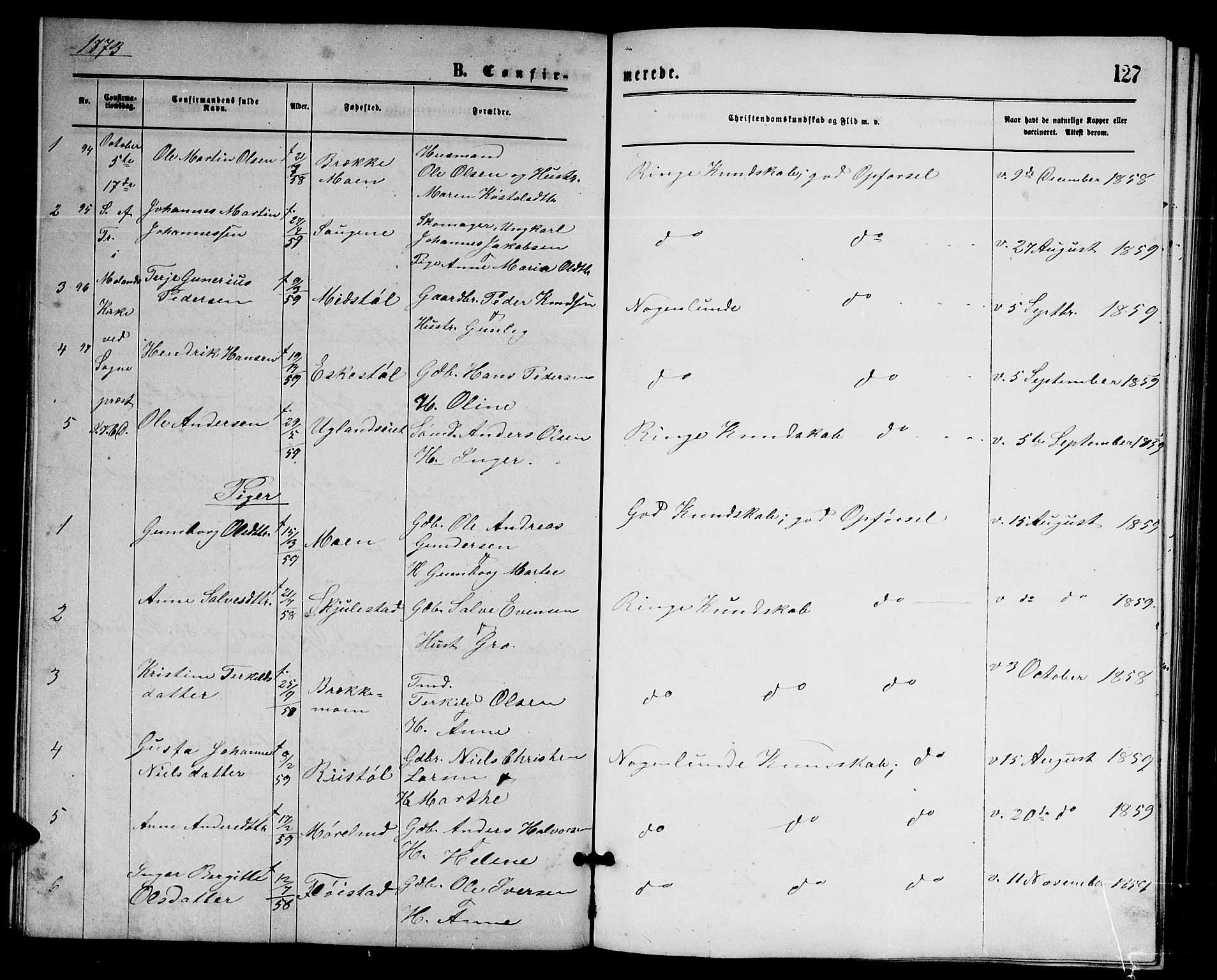 Austre Moland sokneprestkontor, AV/SAK-1111-0001/F/Fb/Fba/L0002: Parish register (copy) no. B 2, 1869-1879, p. 127