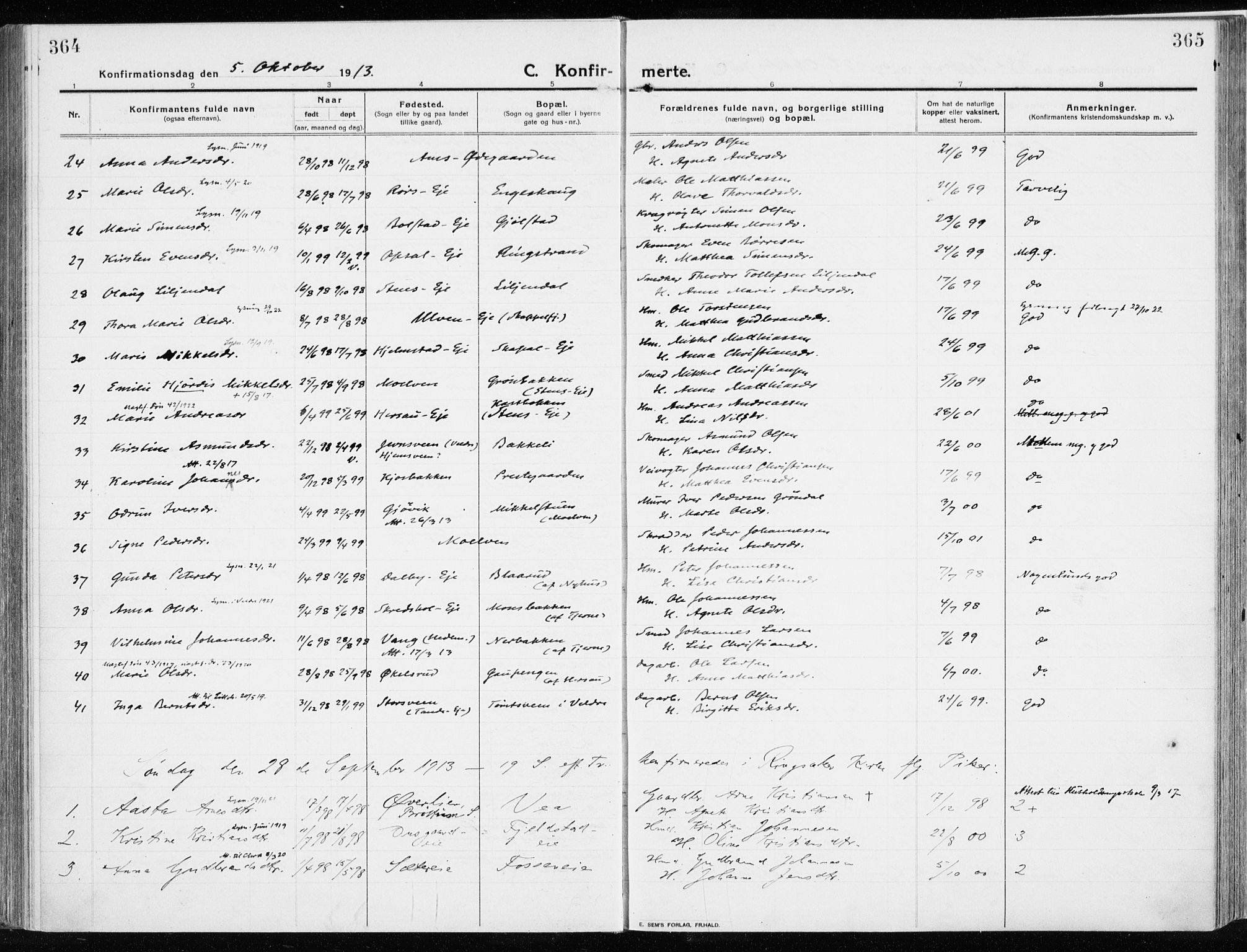 Ringsaker prestekontor, SAH/PREST-014/K/Ka/L0020: Parish register (official) no. 20, 1913-1922, p. 364-365