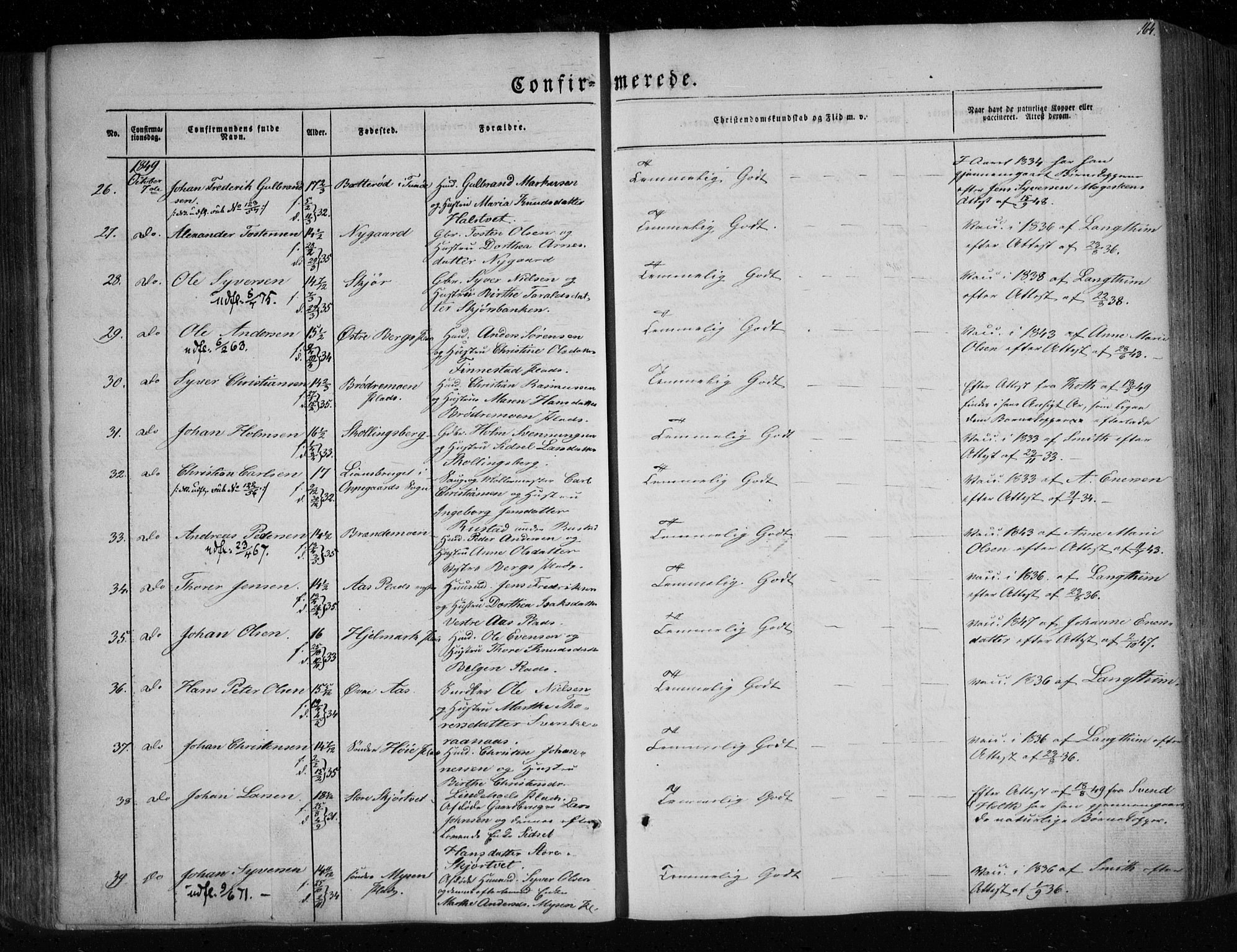 Eidsberg prestekontor Kirkebøker, SAO/A-10905/F/Fa/L0009: Parish register (official) no. I 9, 1849-1856, p. 164