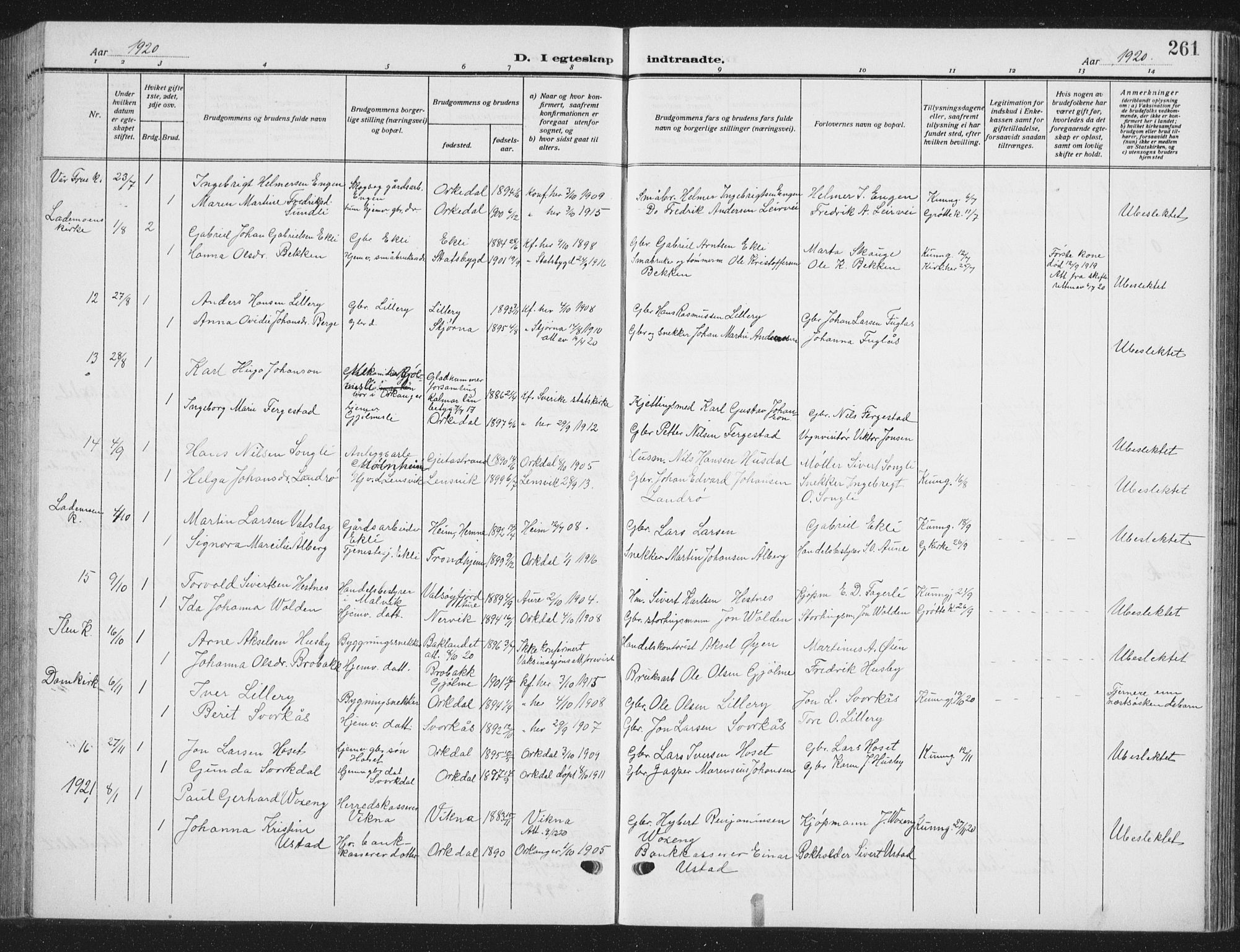 Ministerialprotokoller, klokkerbøker og fødselsregistre - Sør-Trøndelag, SAT/A-1456/668/L0820: Parish register (copy) no. 668C09, 1912-1936, p. 261