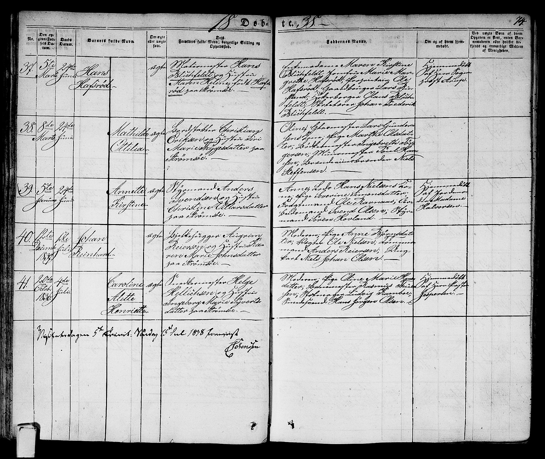 Strømsø kirkebøker, AV/SAKO-A-246/F/Fa/L0012: Parish register (official) no. I 12, 1830-1847, p. 74