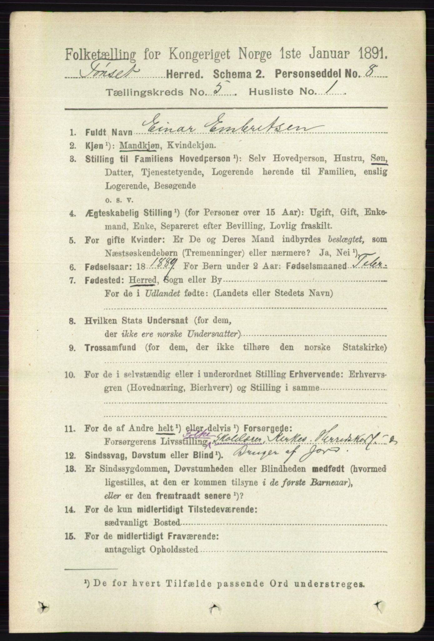 RA, 1891 census for 0437 Tynset, 1891, p. 1085