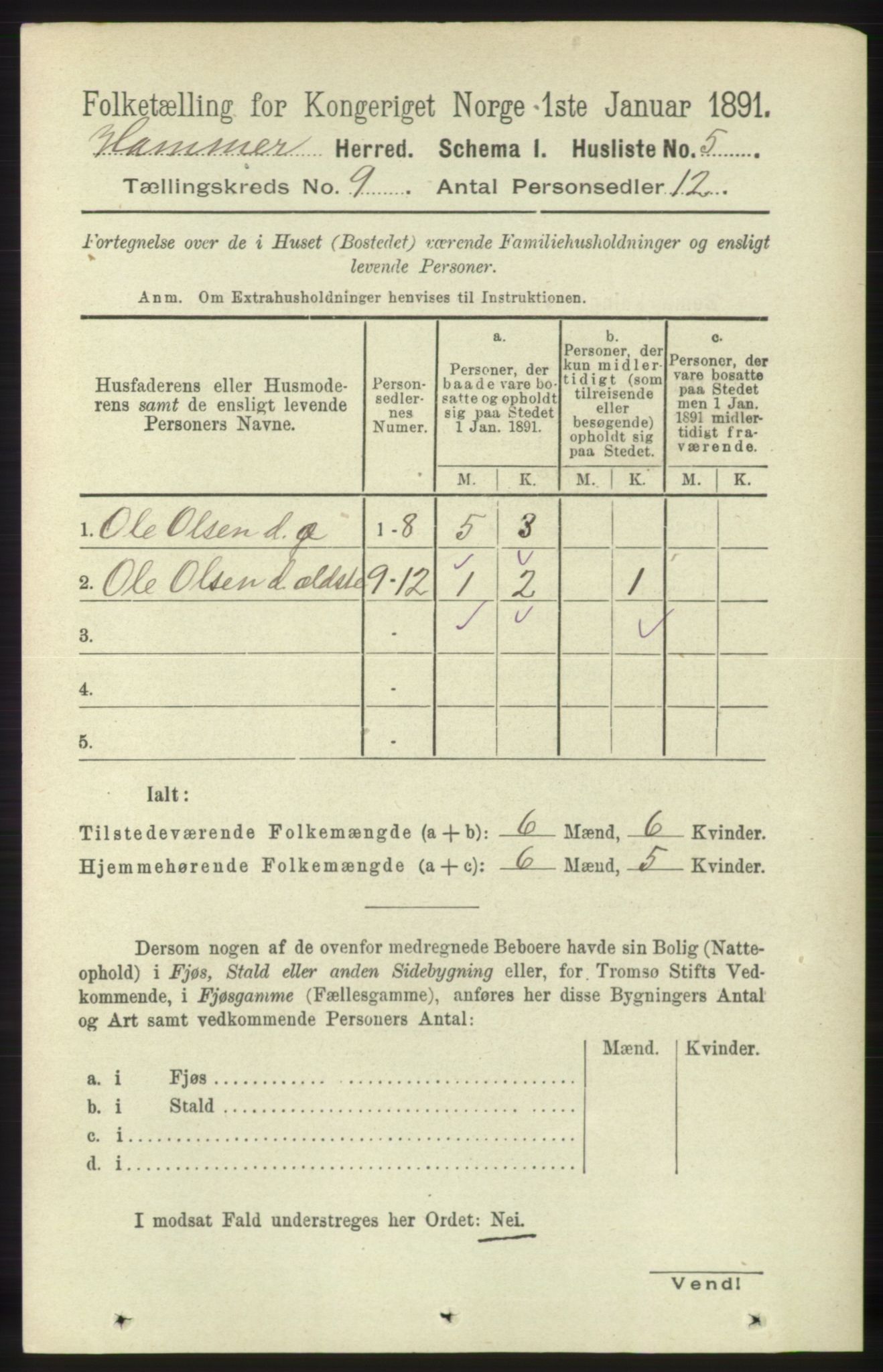 RA, 1891 census for 1254 Hamre, 1891, p. 2224