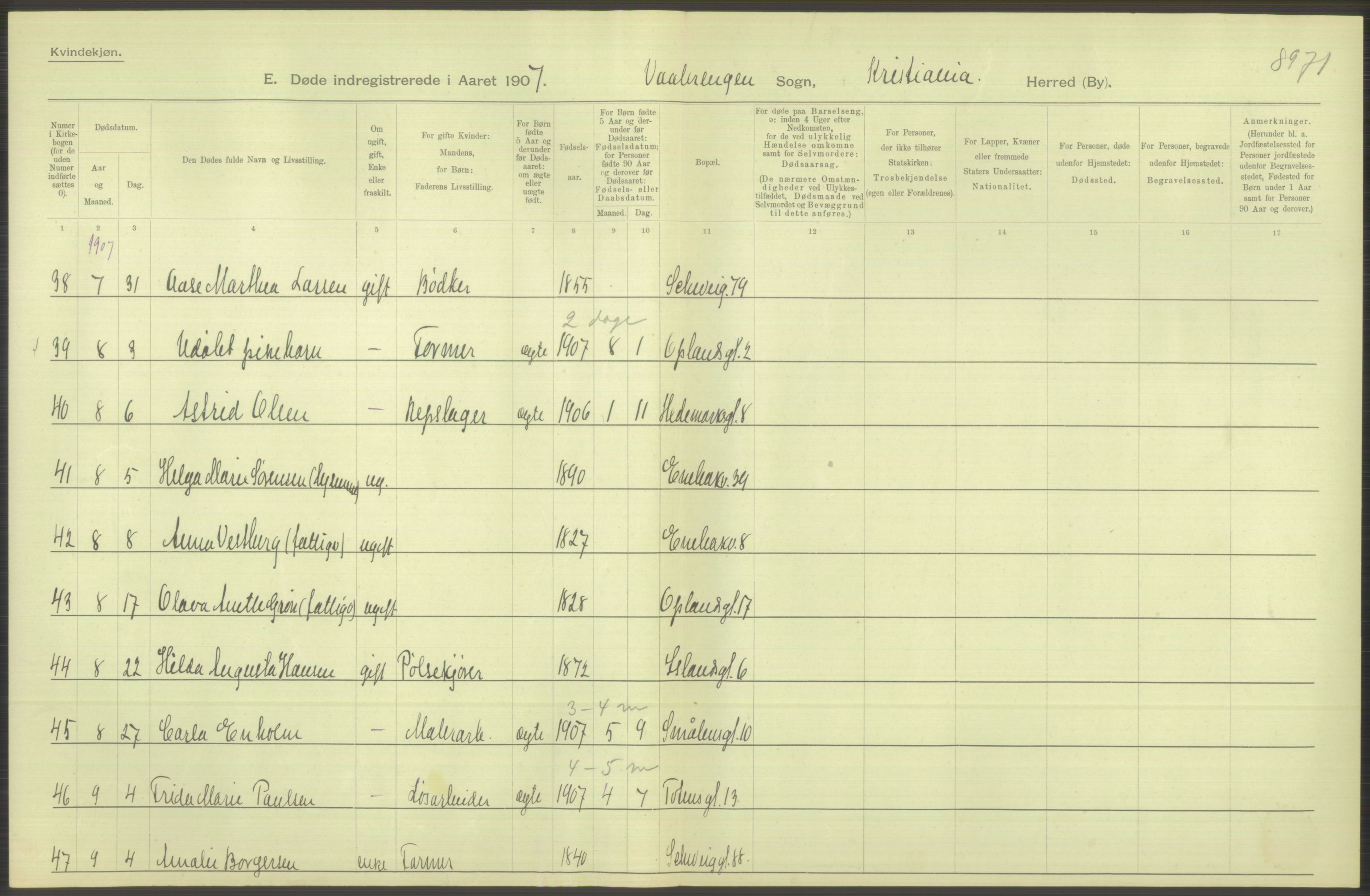 Statistisk sentralbyrå, Sosiodemografiske emner, Befolkning, AV/RA-S-2228/D/Df/Dfa/Dfae/L0009: Kristiania: Døde, 1907, p. 510