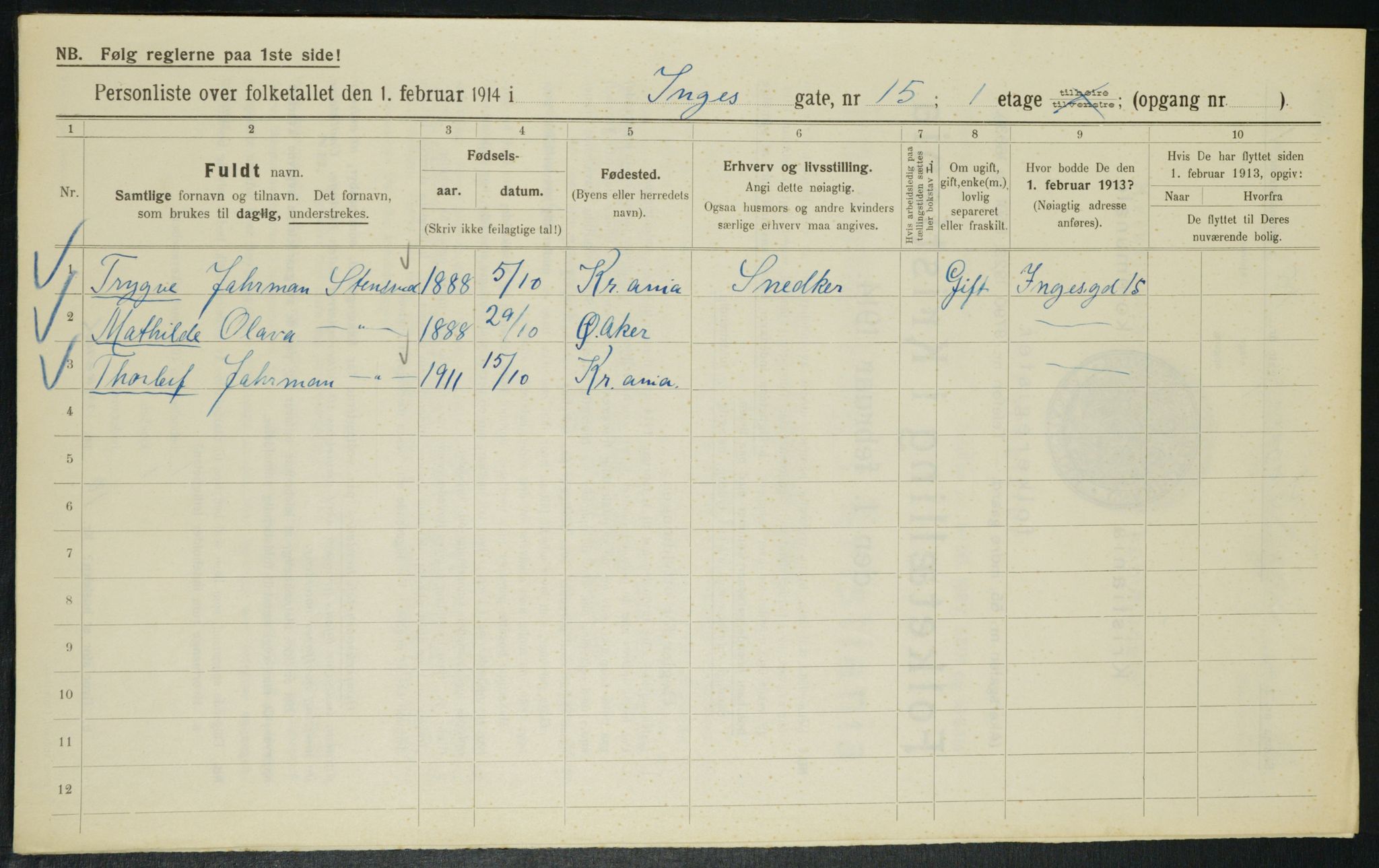 OBA, Municipal Census 1914 for Kristiania, 1914, p. 43999