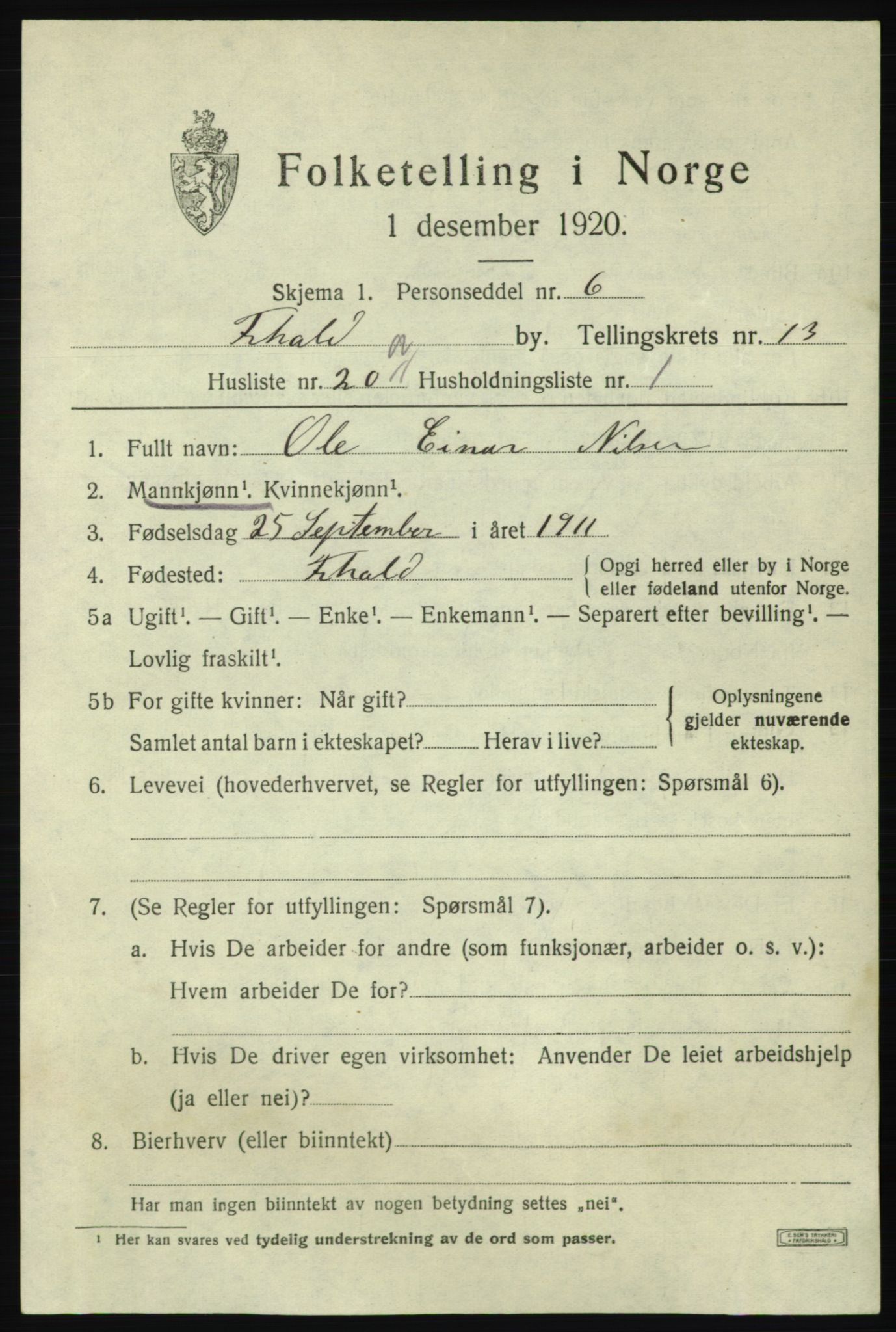 SAO, 1920 census for Fredrikshald, 1920, p. 21024